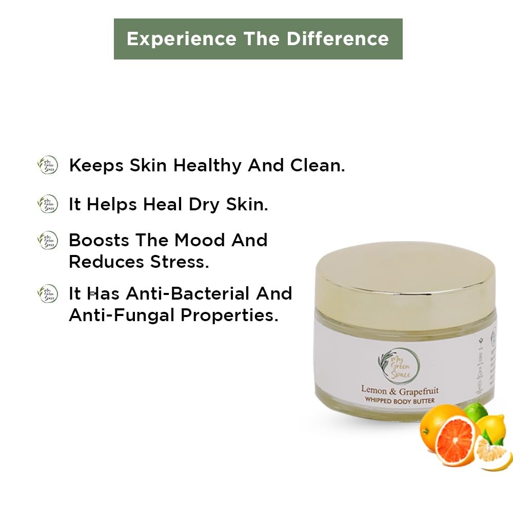 My Green Space Lemon Grapefruit Body Butter 50g - Deep Moisturizing & Skin Brightening Cream for Dry Skin Care - Softens & Smooths Skin for Men & Women - Perfect for Daily Hydration & Post-Shave Recovery