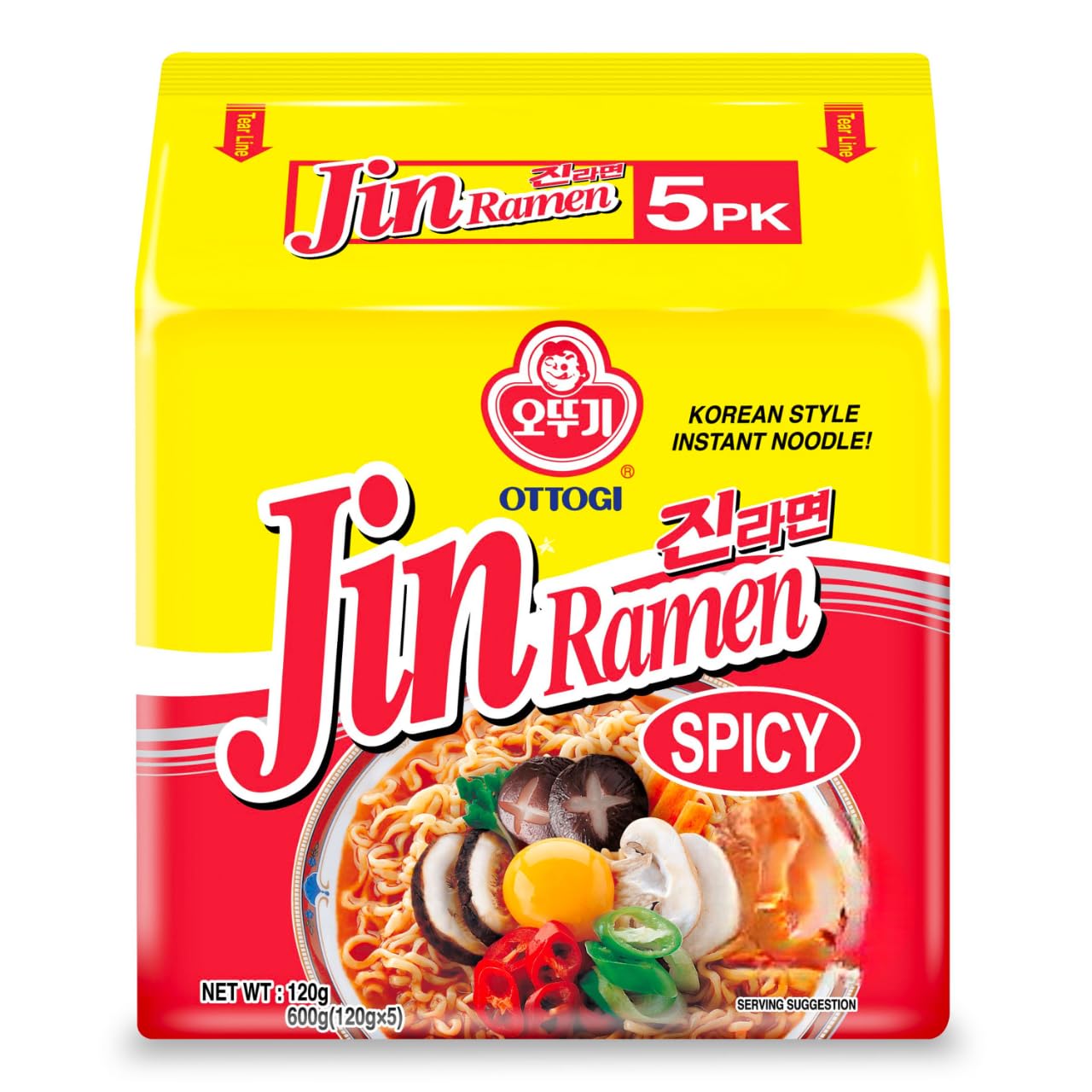 Ottogi Jin Ramen Korean Style Vegetarian Instant Noodles - Spicy Flavor 120g (Pack of 5) | Authentic Korean Ramen | Quick Meal, Office Lunch, College Dorm Snack
