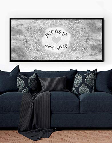Boho Just Go And Sleep Large Canvas Wall Art - Bohemian Mandala Wall Decor for Master Bedroom, Above Bed Decor (Grey & Black Floating Frame 42x19) - Perfect for Meditation Spaces & Boho Chic Home Decor