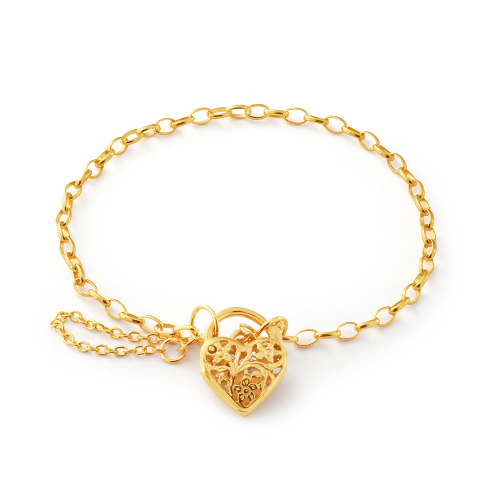 9ct Yellow Gold 19cm Heart Filigree Padlock Bracelet for Women - Elegant Jewelry Gift for Valentine's Day, Anniversary & Special Occasions