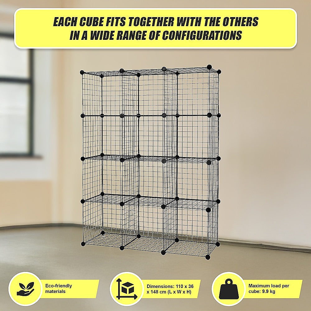 12-Cube Wire Grid Organizer Bookcase - Black Storage Cabinet for Closet, Wardrobe, Office & Living Room Organization