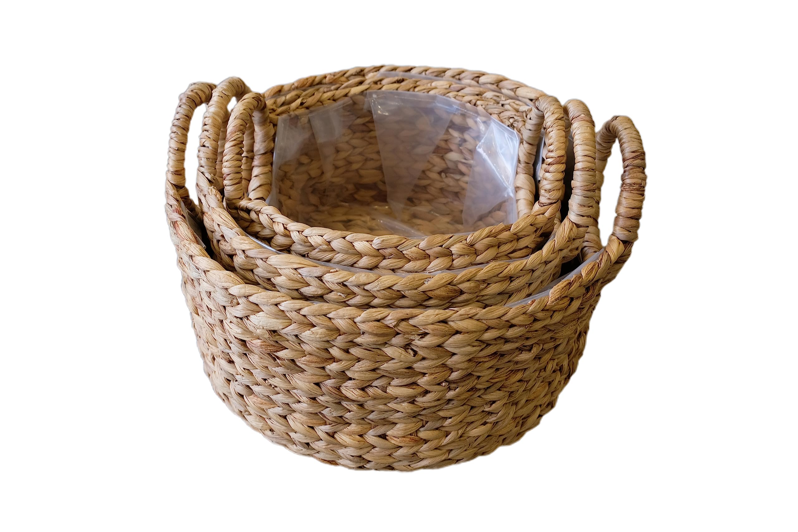 Handwoven Water Hyacinth Storage Baskets with Liners - 3-Pack Brown Wicker Baskets for Home Organization, Planters & Decorative Storage Cubes | Perfect for Living Room, Bedroom & Bathroom Organization