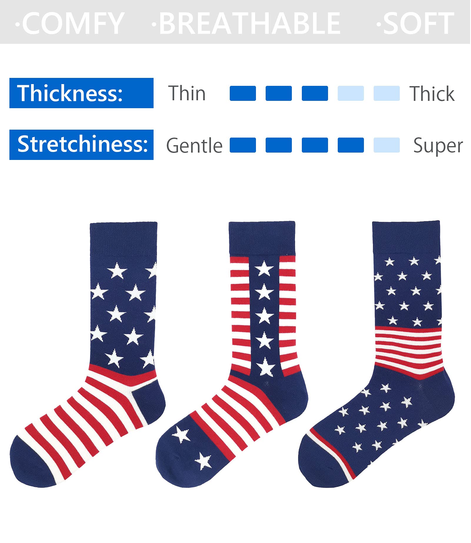 Patriotic American Flag Socks for Men - Red White & Blue Stars & Stripes Design - Comfortable Novelty Crew Socks for 4th of July, Veterans Day & Patriotic Events