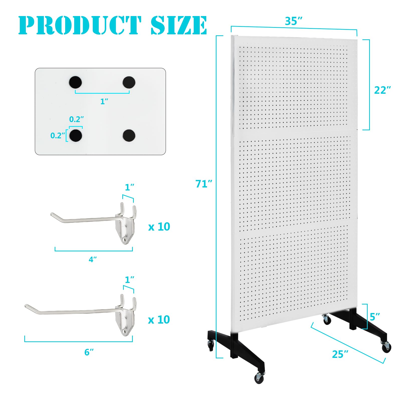 3'x6' Metal Pegboard Display Stand with T-Base & Wheels - Includes 20 Hooks - White - Perfect for Retail Stores, Trade Shows & Workshop Organization