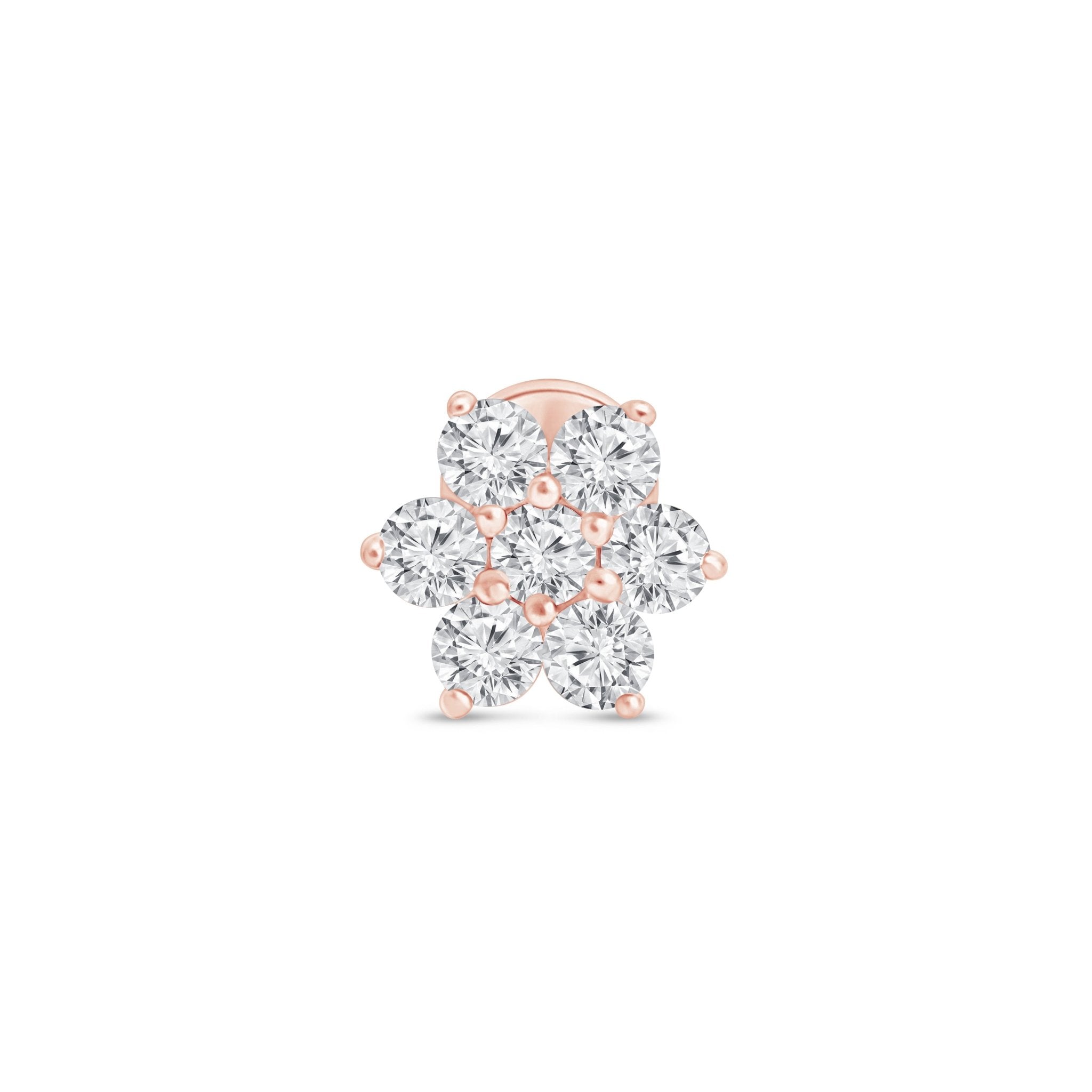 14k Rose Gold Seven Diamond Flower Stud Earrings - Dainty Floral Flat Back Earrings for Women, Perfect for Weddings, Parties & Everyday Elegance