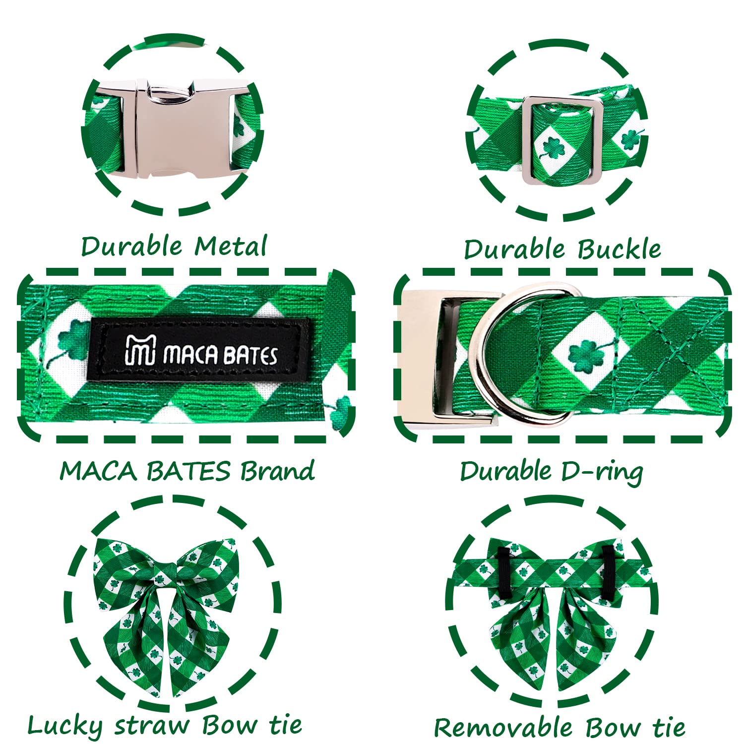 Adjustable St. Patrick's Day Dog Collar with Bow Tie - Green Plaid Shamrock Design for Small, Medium & Large Dogs | Perfect for Irish-Themed Parties, Parades & Spring Celebrations