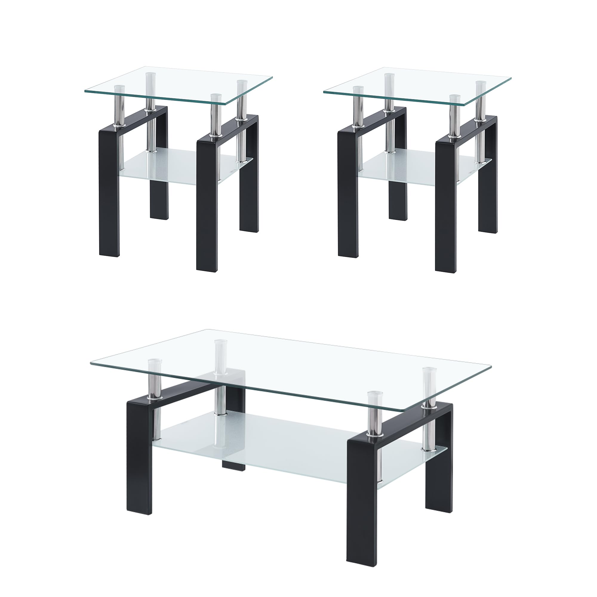 Modern Clear Glass Coffee Table Set of 3 with Black Metal Legs - Transparent Waterfall Living Room Tables for Small Spaces - Perfect for Apartments, Condos & Contemporary Home Decor