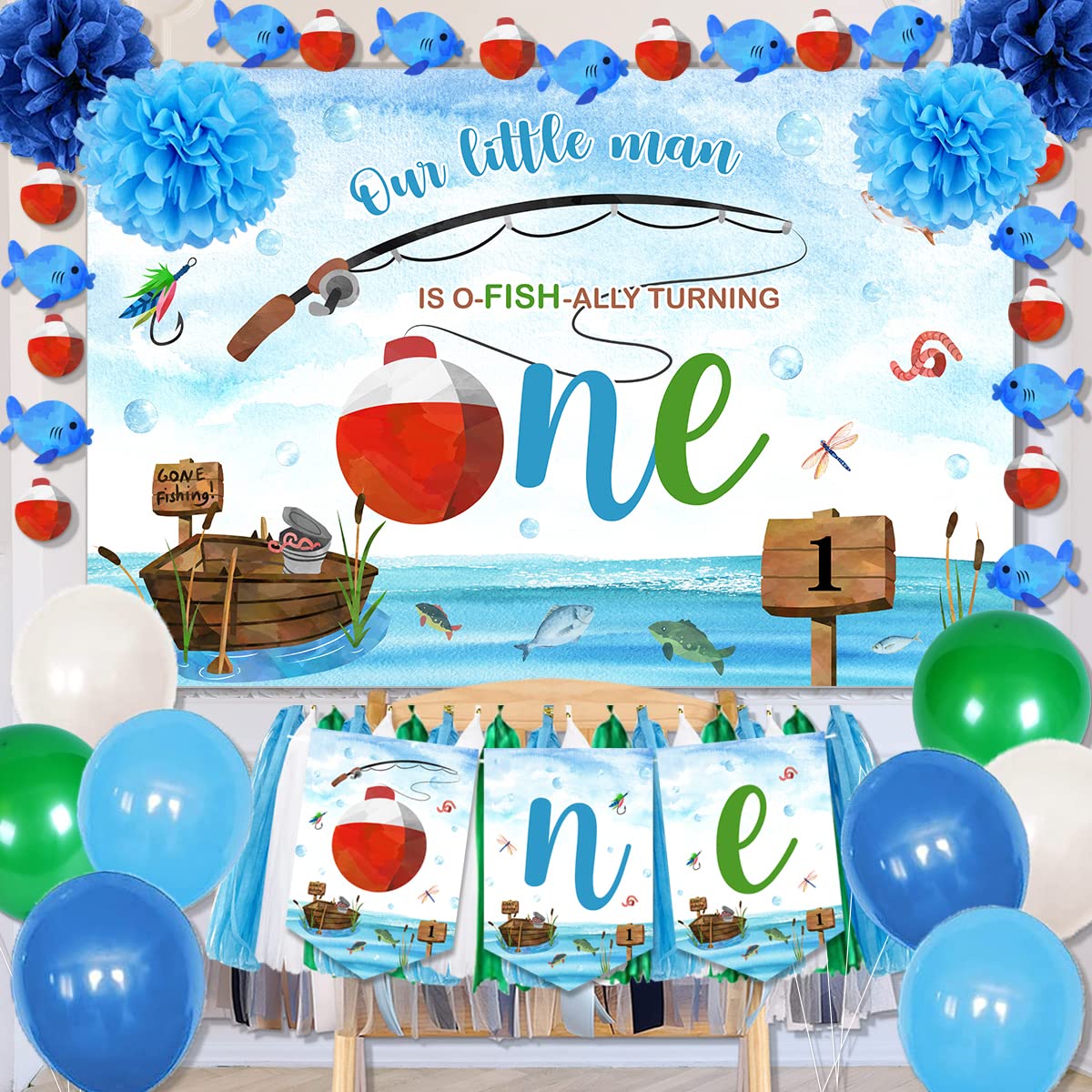 Ofishally One Fishing Theme 1st Birthday Banner - Highchair Decoration, Backdrop & Party Supplies for Boys | Perfect for First Birthday Decor, Photo Backdrops & Themed Celebrations