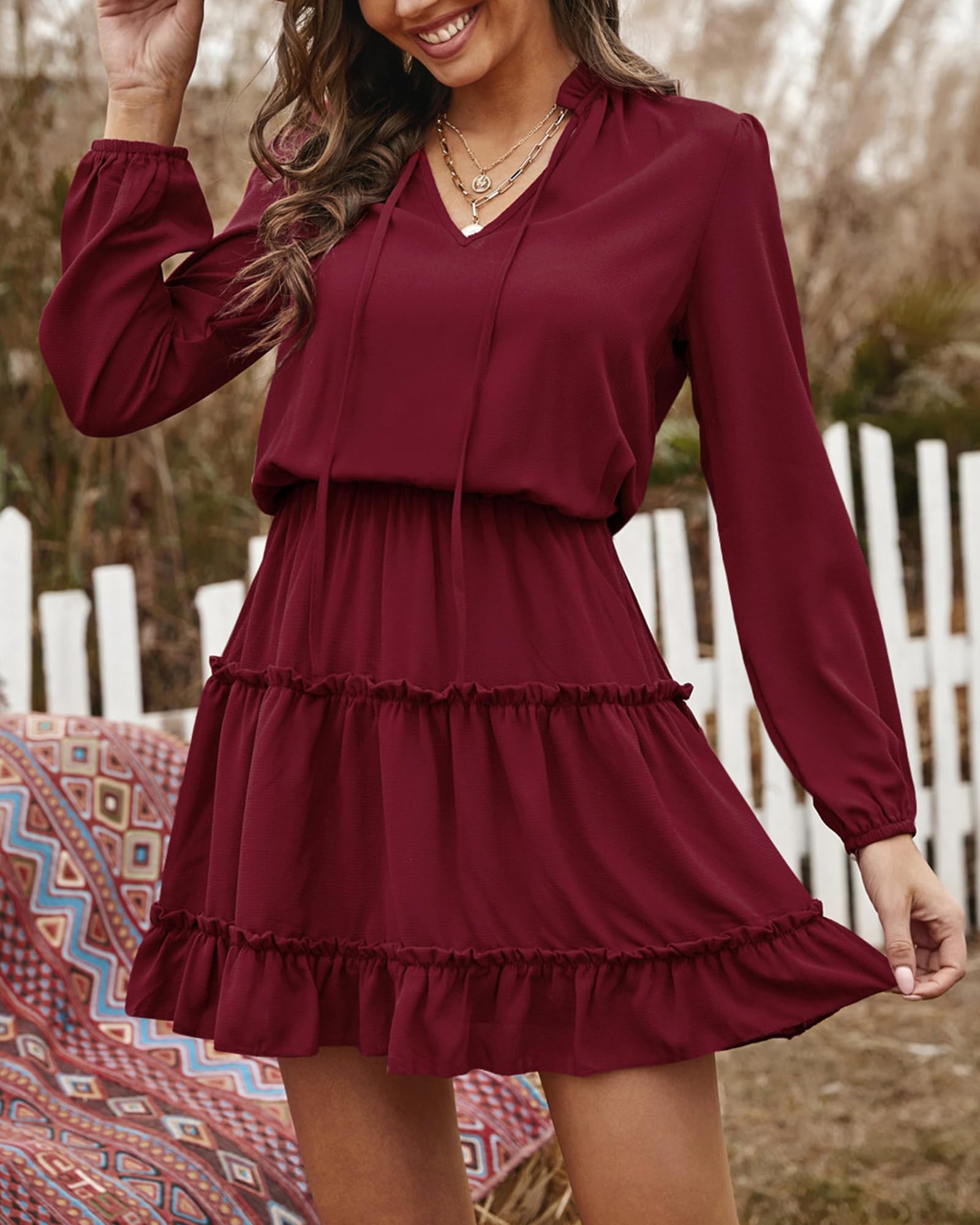 BTFBM Women's Casual Summer Spring Dress 2025 - Tie Neck Long Sleeve High Waist Tiered Ruffle A-Line Swing Tunic Mini Dress for Beach, Party & Daily Wear