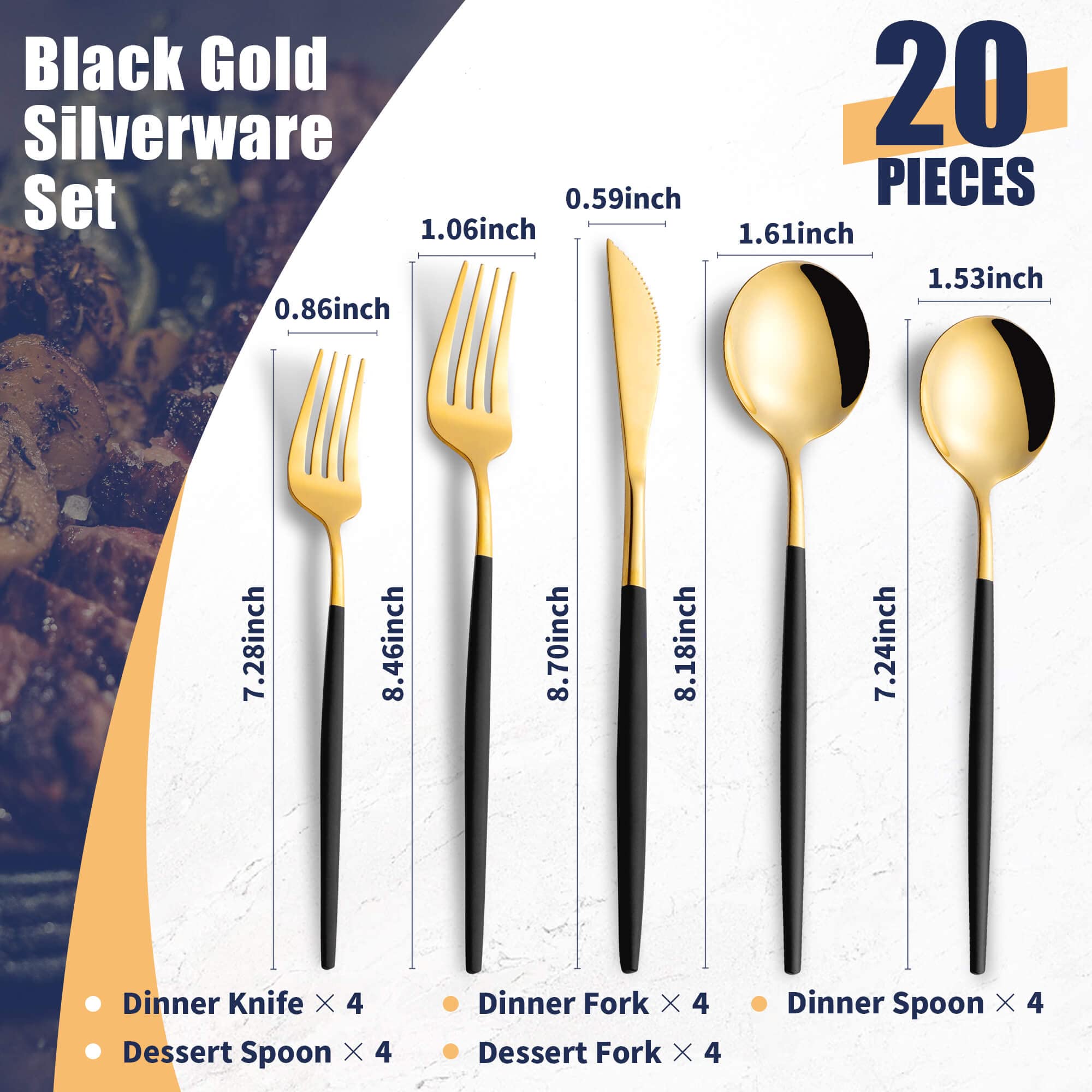 20-Piece Stainless Steel Flatware Set - Black Gold Silverware Cutlery Service for 4 (Forks, Spoons, Knives) | Elegant Dining Utensils for Home & Restaurant Use | Dishwasher Safe | Perfect for Dinner Parties, Weddings & Daily Dining