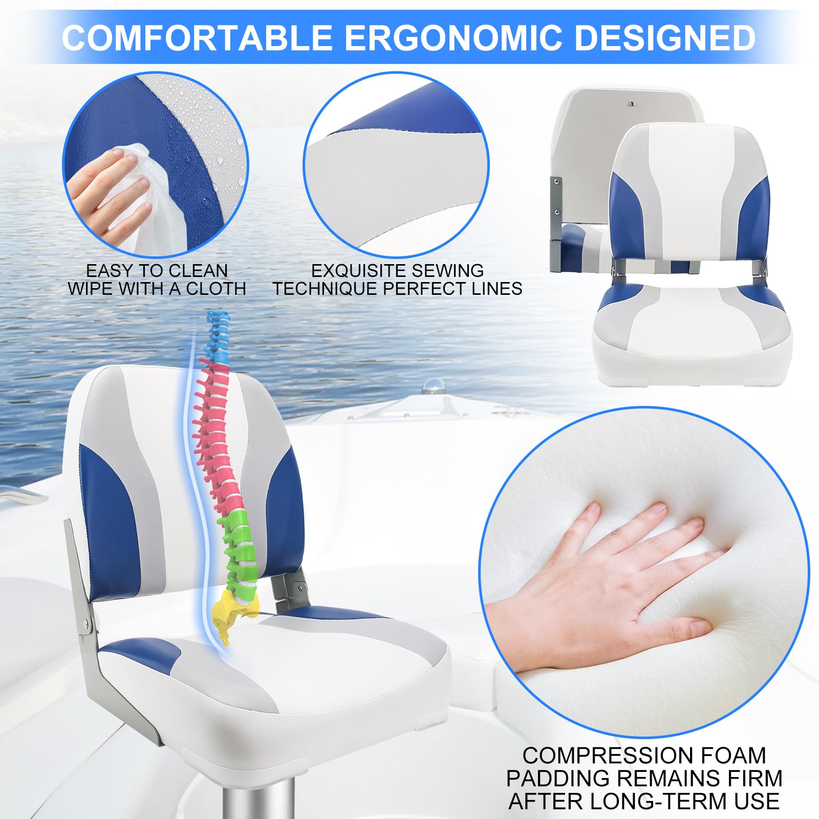 **Low Back Folding Boat Seat 2-Pack – Waterproof Portable Fishing Boat Chairs for Cabin & Deck – Light Grey/Blue/White – Ideal for Fishing, Boating & Outdoor Adventures**