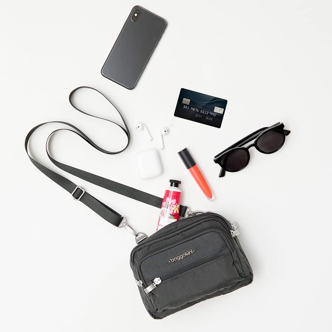 Baggallini Triple Zip Small Crossbody Bag for Women - 8x6 Inch Lightweight Water-Resistant Convertible Fanny Pack Belt Bag - Perfect for Travel, Shopping & Everyday Use