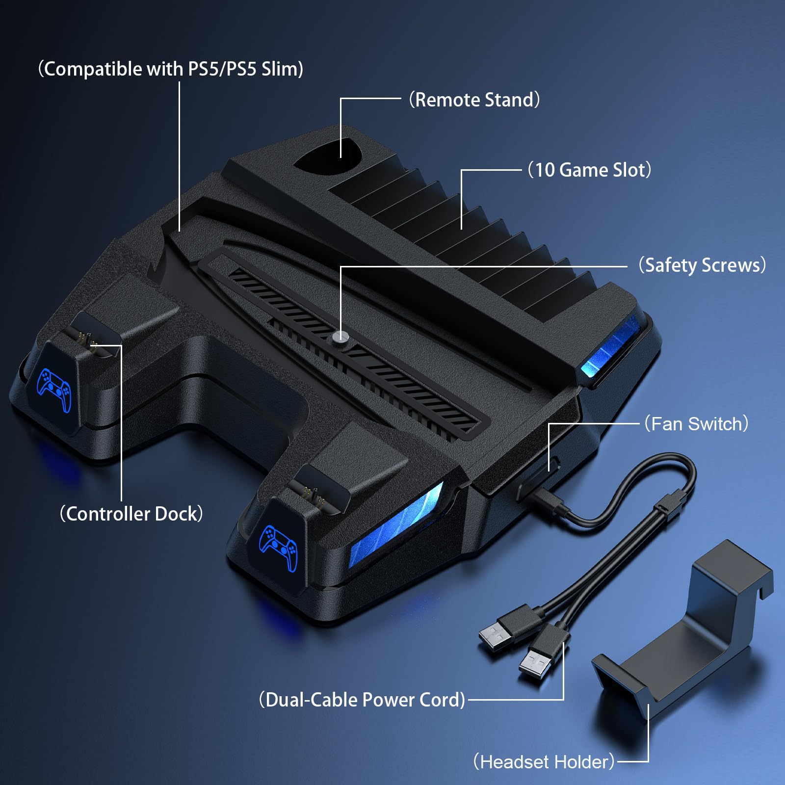 PS5 Cooling Stand with Dual Controller Charger - Cooling Fan Station for PS5 & PS5 Slim (Disc/Digital Edition) - Prevent Overheating for PS5 Console & Games | Perfect for Gaming Marathons & Long Play Sessions