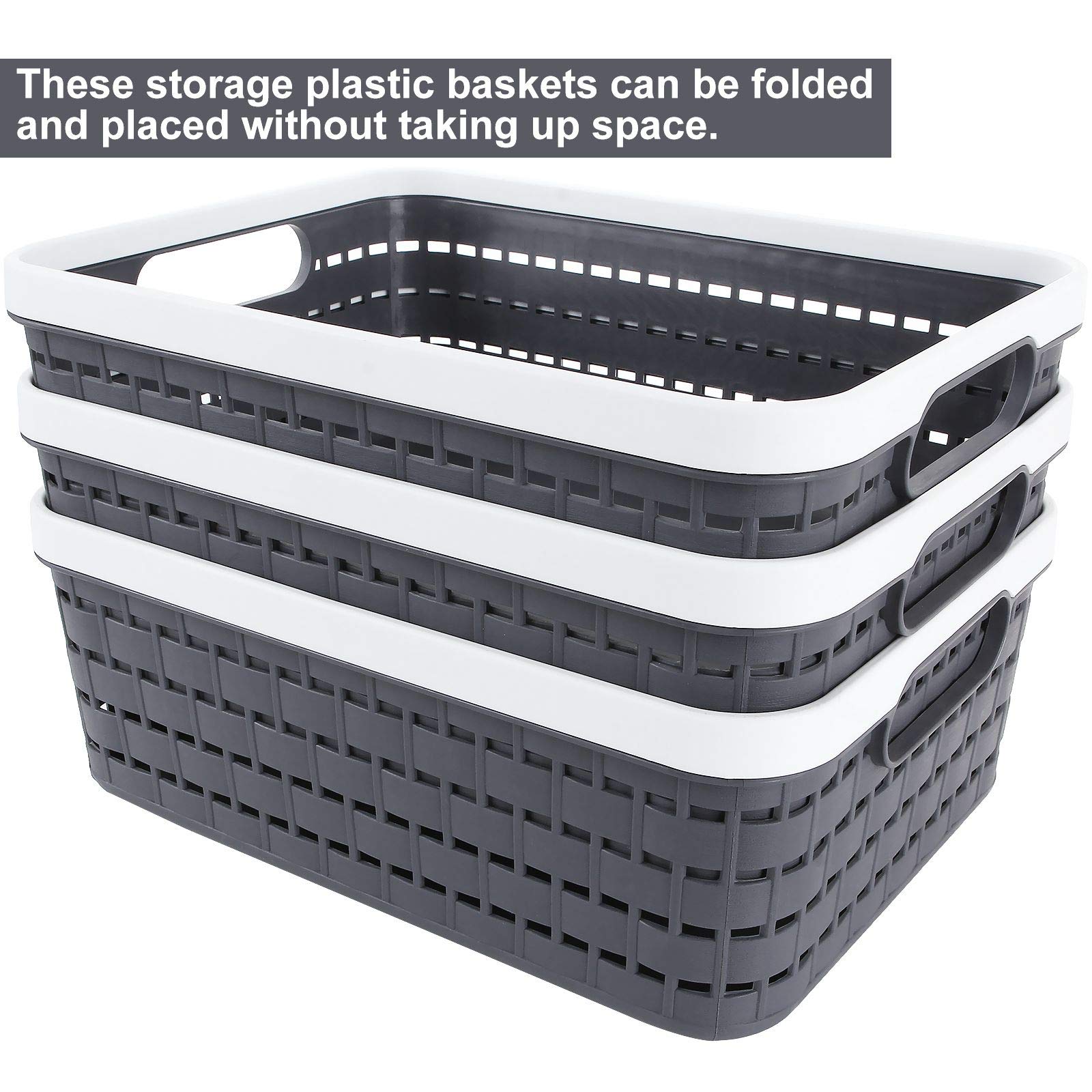 3-Pack Dark Grey Plastic Storage Baskets with Handles - 11.3