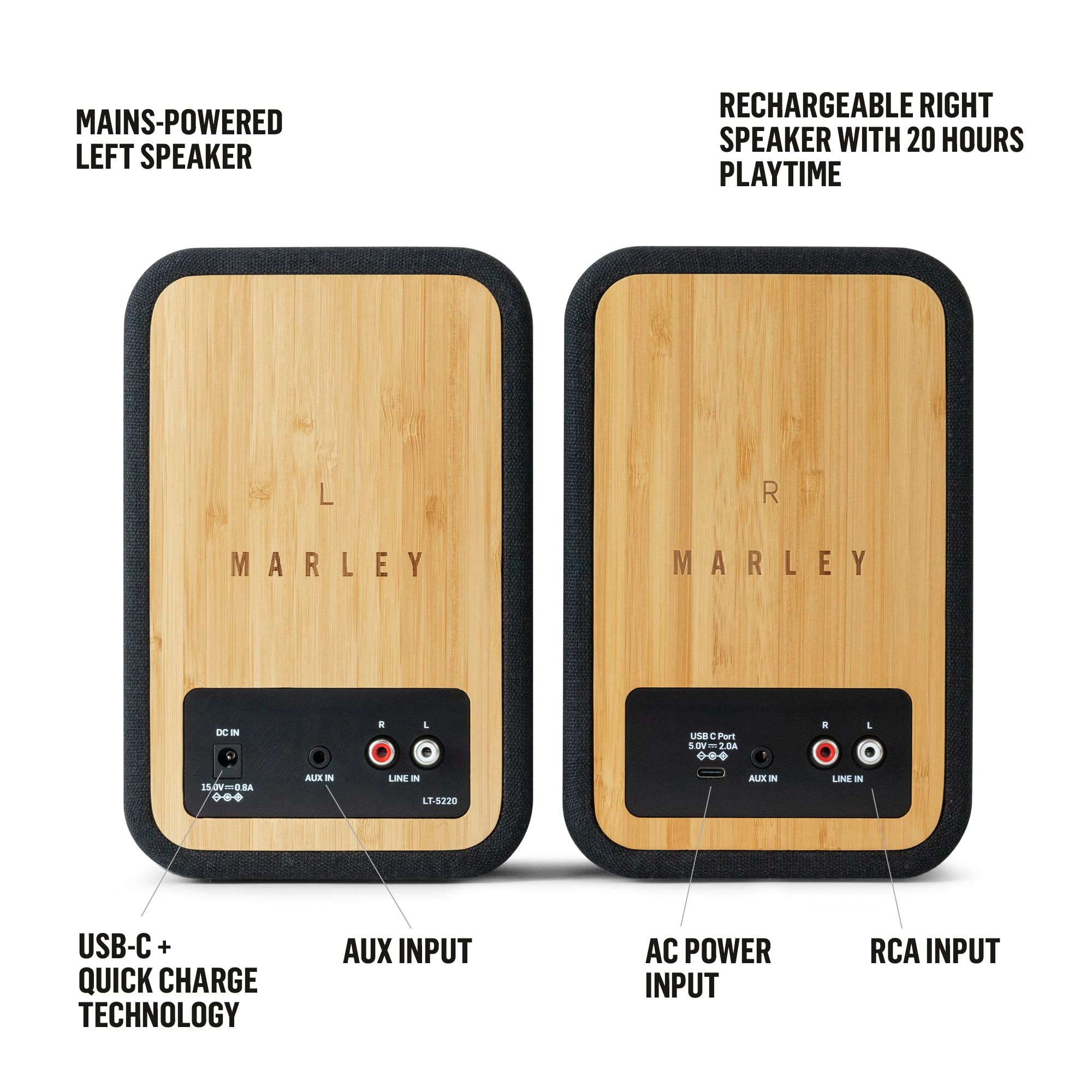 House of Marley Get Together Duo Wireless Bluetooth Bookshelf Speakers - Eco-Friendly Bamboo Design, 25-Hour Battery Life, AUX Input, Premium Sound for Home, Office & Outdoor Use