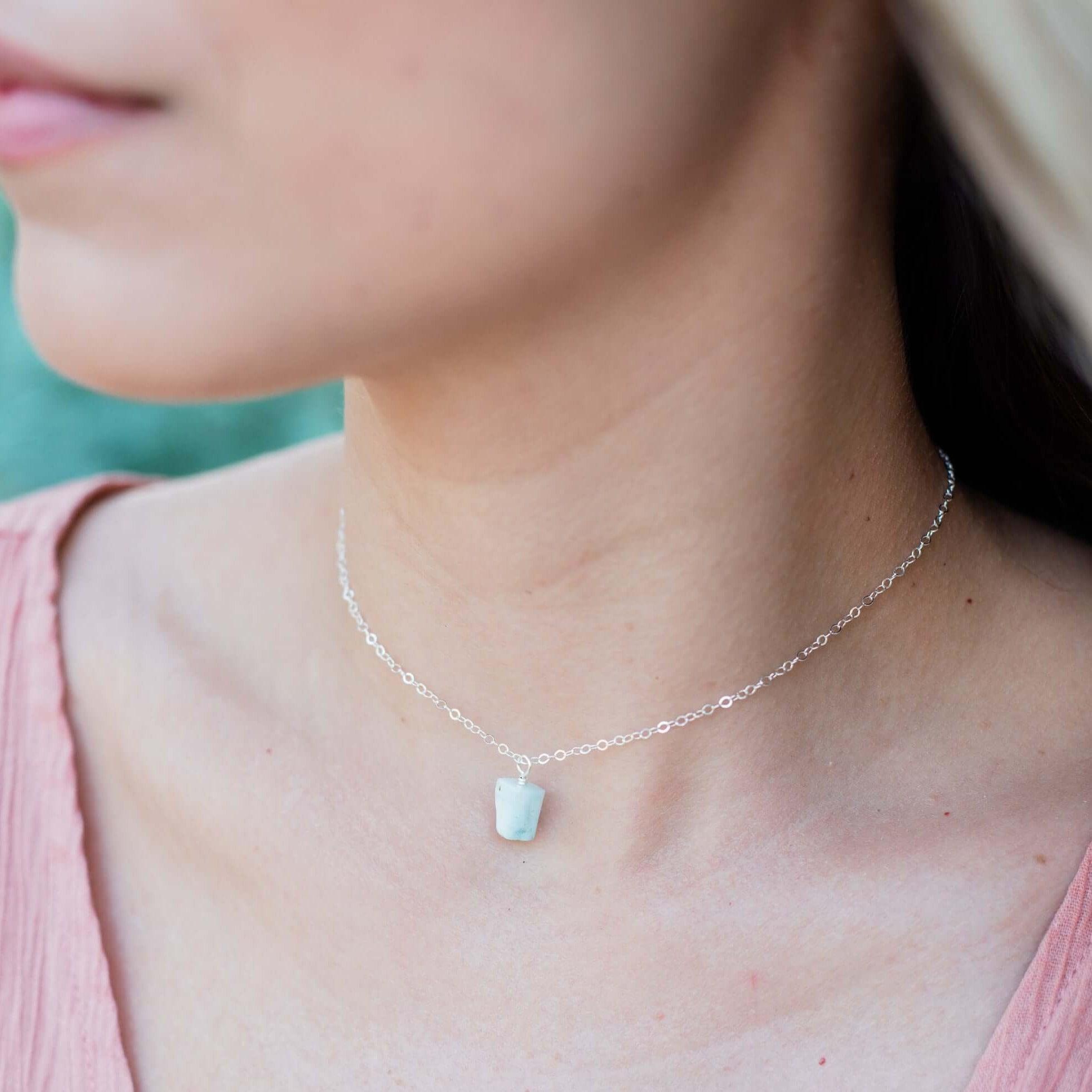 Natural Tiny Rough Larimar Gemstone Pendant Choker Necklace - Handmade Blue Stone Jewelry for Women, Boho Beach Style, Perfect for Casual Wear & Gift Giving