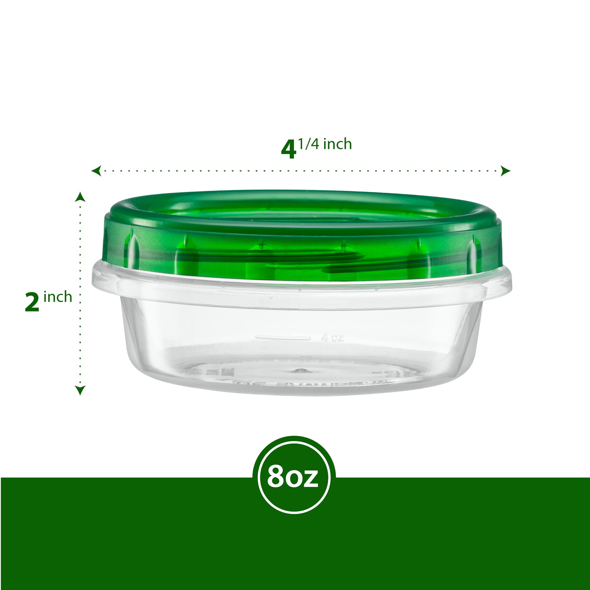 8 Ounce (10 Pack) Clear Bottom Green Top Twist Cap Food Storage Containers with Screw-On Lids - Perfect for Freezer, Meal Prep & Leftovers