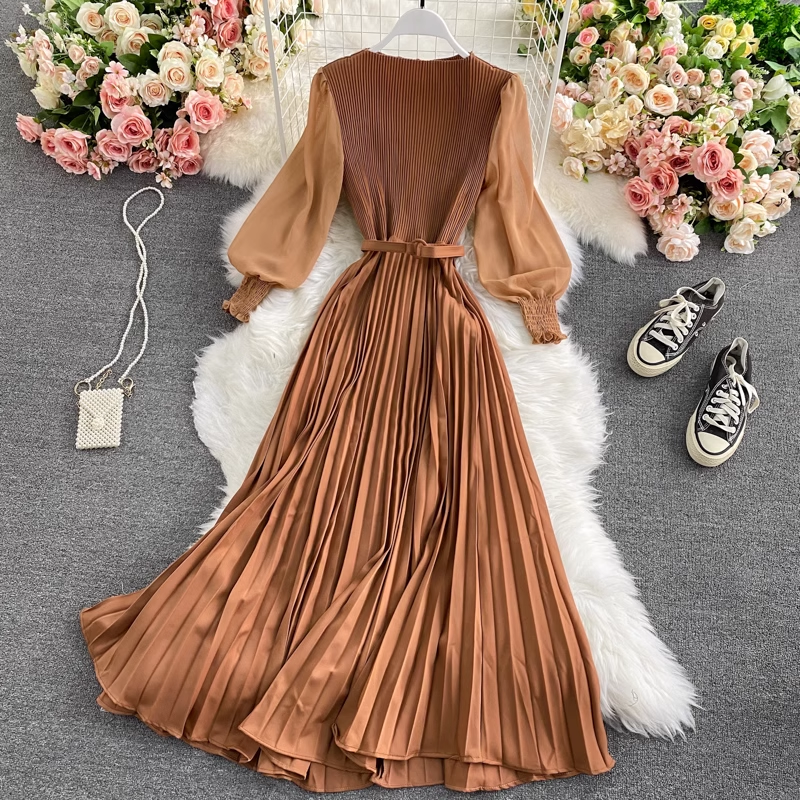 High Waist Round Neck Swing Dress - Elegant Pleated Long Skirt for Women | Spring & Autumn Fashion | Perfect for Office, Party & Casual Wear