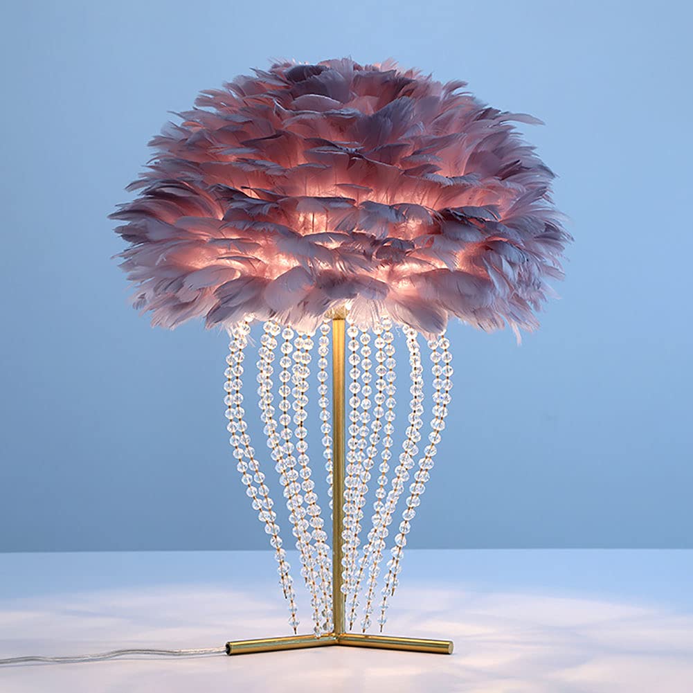 Vintage Feather Table Lamp with Crystal Bead Chain - Dimmable Wrought Metal Bedside Lamp Set for Bedroom & Living Room - Modern Home Decor Lighting (Grey) | Perfect for Cozy Reading Nooks & Romantic Ambiance
