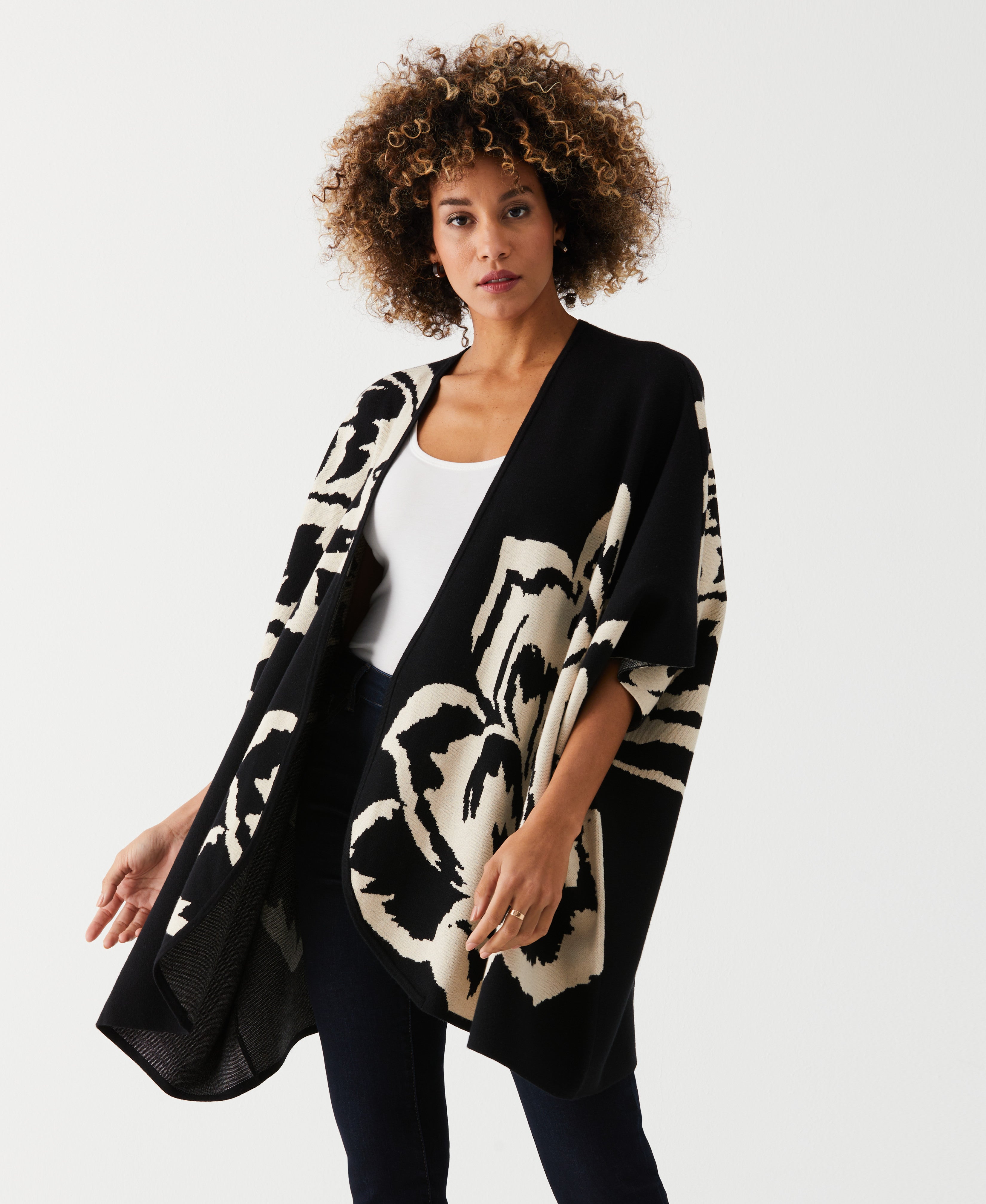 Elegant Floral Sweater Knit Cape - Women's Fashion Cardigan Wrap for Fall & Winter | Perfect for Office, Date Night & Holiday Outfits