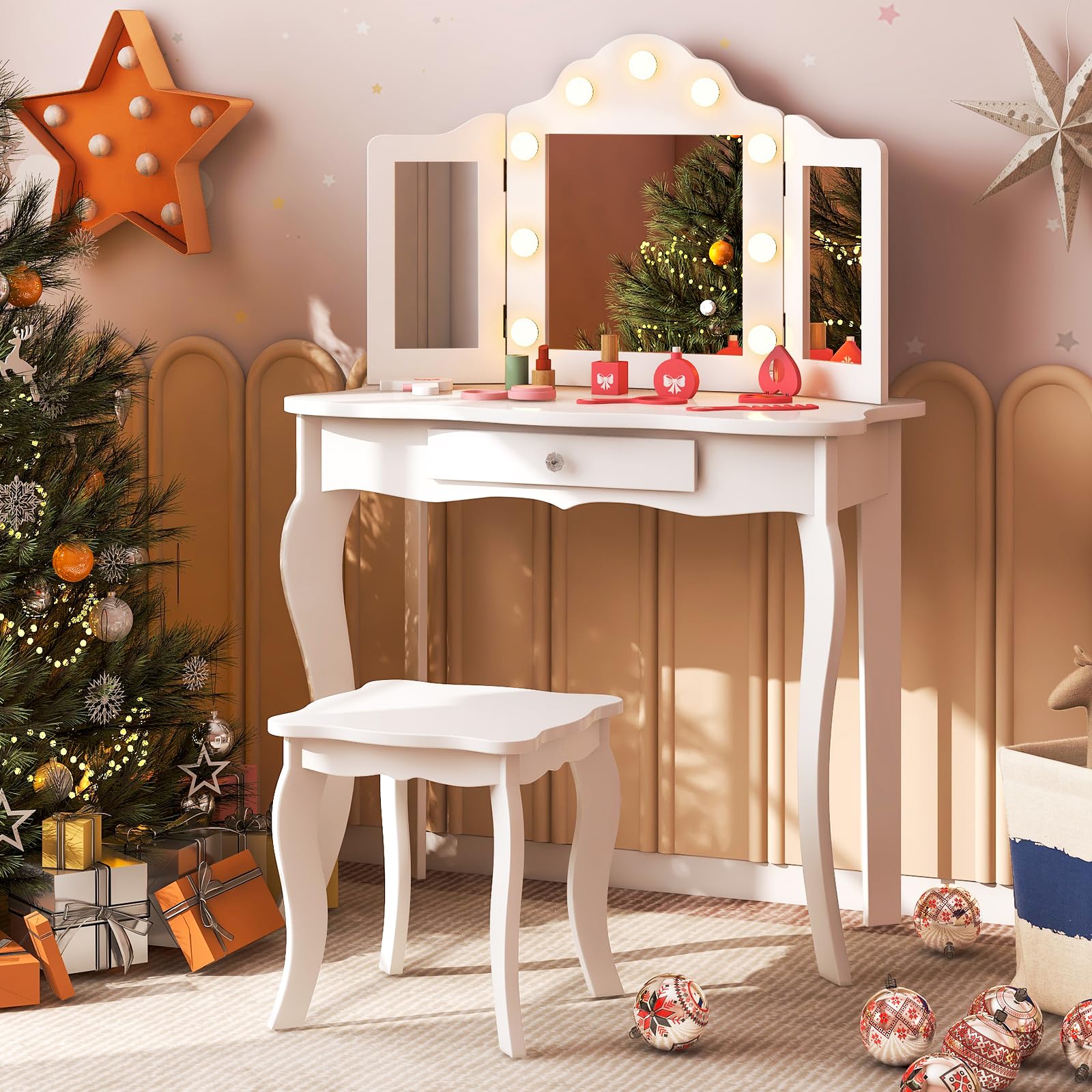 Costzon Kids Vanity Set with Mirror, Stool & LED Lights - 2-in-1 Wooden Princess Makeup Dressing Table with Drawers - White Toddler Vanity Desk for Girls Pretend Play (Perfect for Bedroom Playroom & Birthday Gifts)