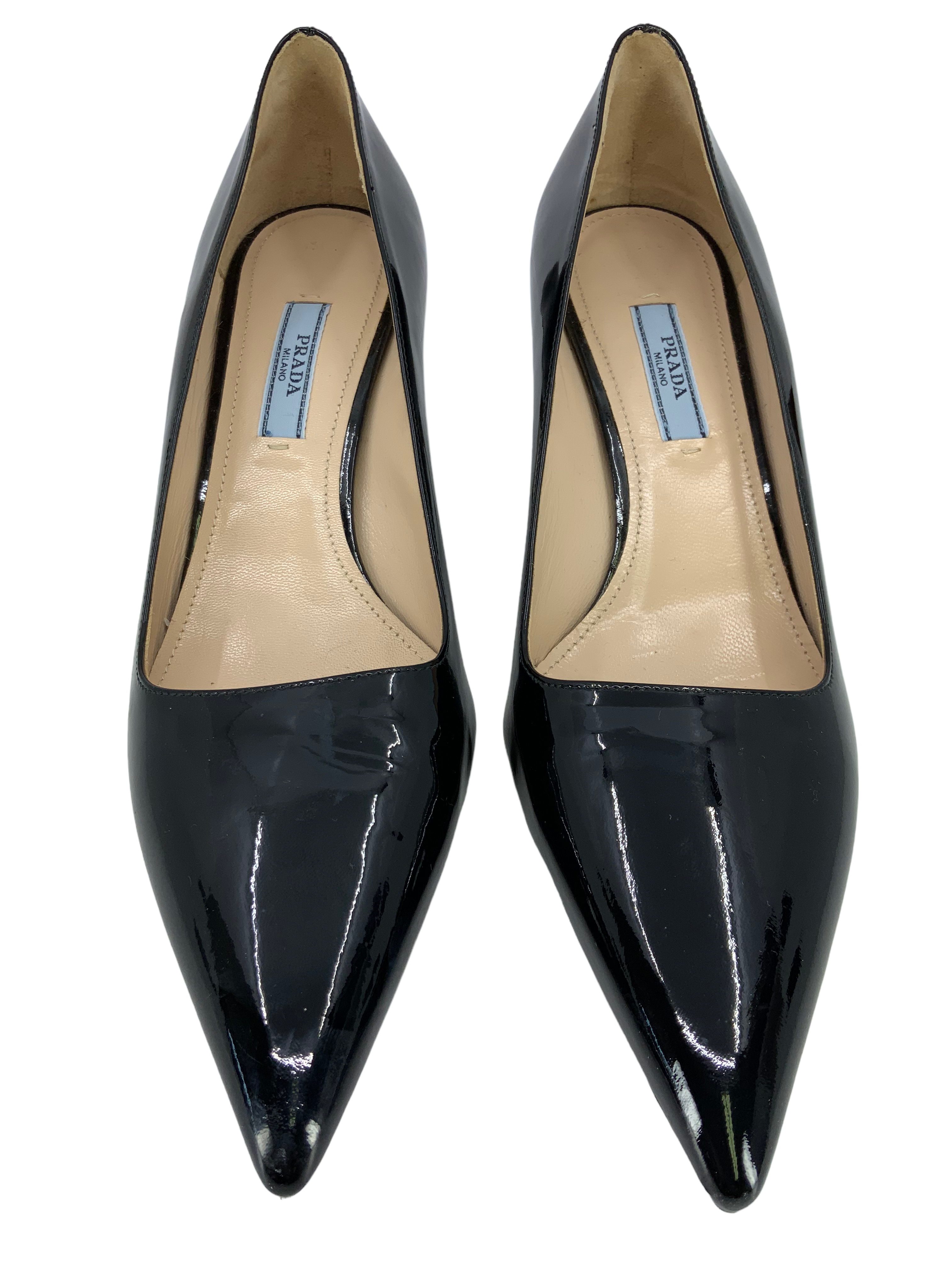 PRADA Women's Patent Leather Pointed Toe Pumps with Metal Heel - Size 7.5 | Luxury High Heels for Office, Party & Formal Events