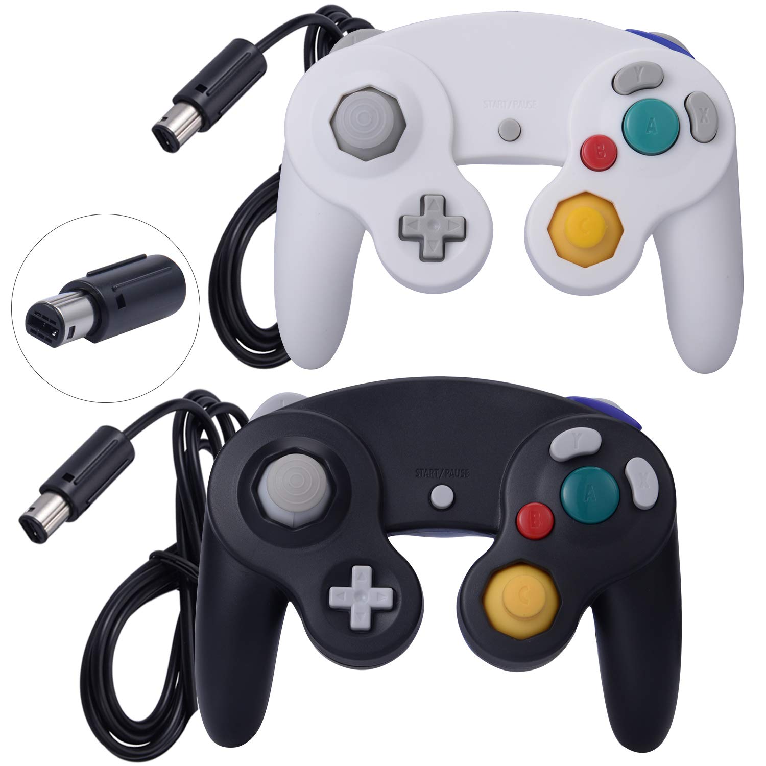 2 Pack Classic Shock Joypad Wired Controller for Wii & NGC Gamecube - Black & White | Perfect for Retro Gaming & Multiplayer Sessions