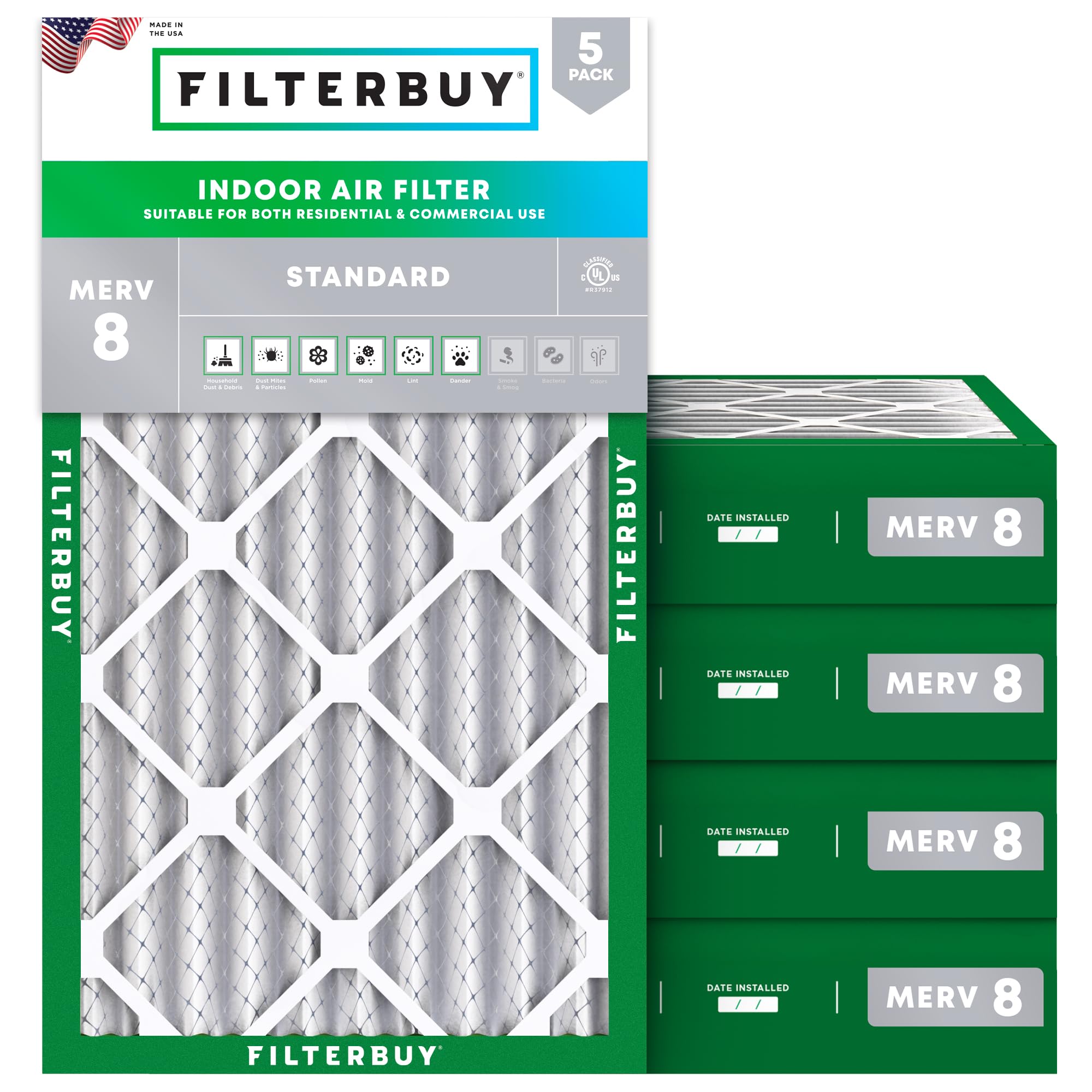 Filterbuy 10x18x4 MERV 8 Pleated Air Filter (5-Pack) - Dust Defense HVAC AC Furnace Replacement Filters (Actual Size: 10x18x3.63 Inches) for Home, Office & Commercial Use - Improves Indoor Air Quality & Allergen Reduction
