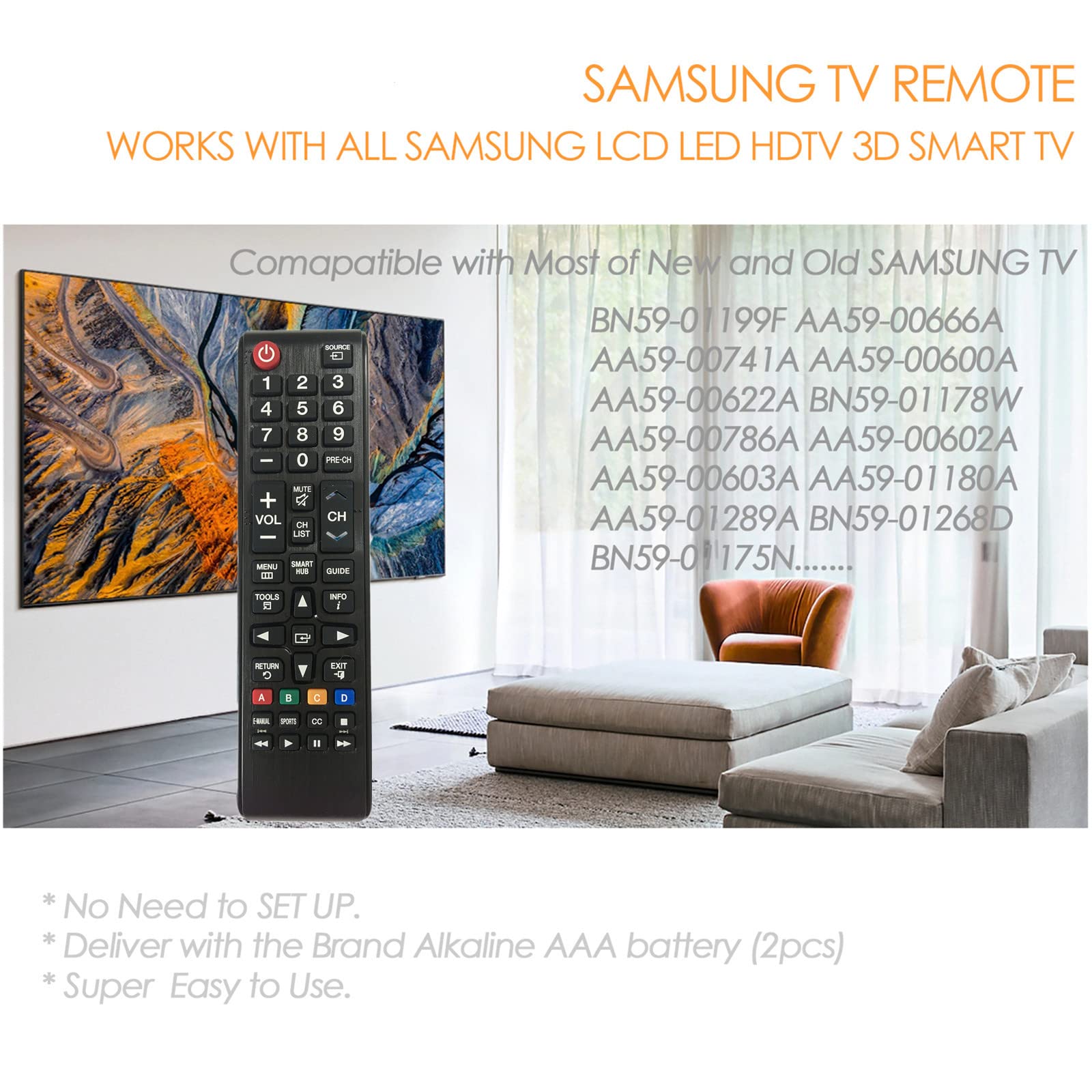 Universal Samsung TV Remote Control Replacement for All LCD LED HDTV 3D Smart TVs - Compatible with BN59-01199F, AA59-00666A, AA59-00741A, BN59-01175N, BN59-013101A Models - Includes 2 GP Alkaline Batteries - Perfect for Home Theater, Living Room & Bedroom Entertainment