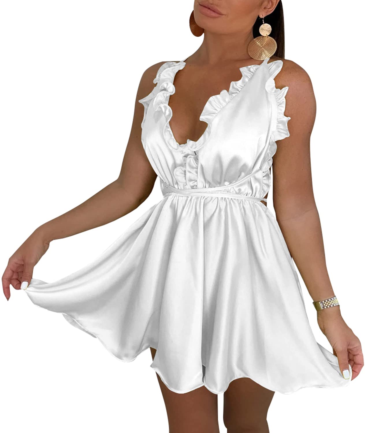 Sexy Summer Ruffle Backless Satin Dress for Women - Sleeveless Spaghetti Strap Lace-Up Deep V Neck Prom & Club Dress | Perfect for Evening Parties, Date Nights & Special Occasions