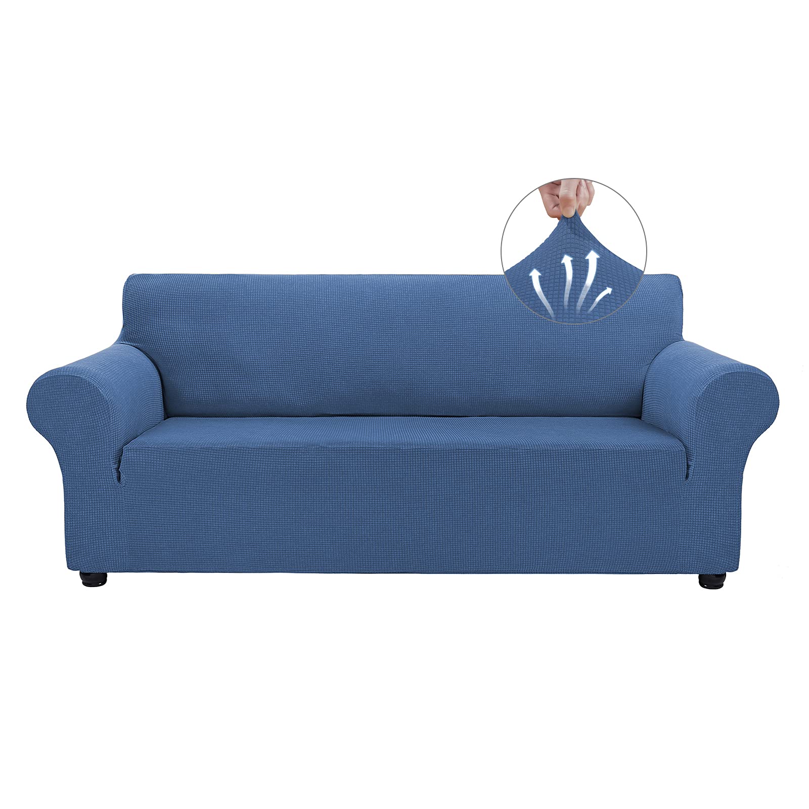 Stretch Sofa Slipcover for 3-Cushion Couch - Pet Proof Furniture Protector - Spandex Jacquard Fabric with Small Checks - X-Large Size in River Blue - Perfect for Living Room, Family Room & Pet-Friendly Homes