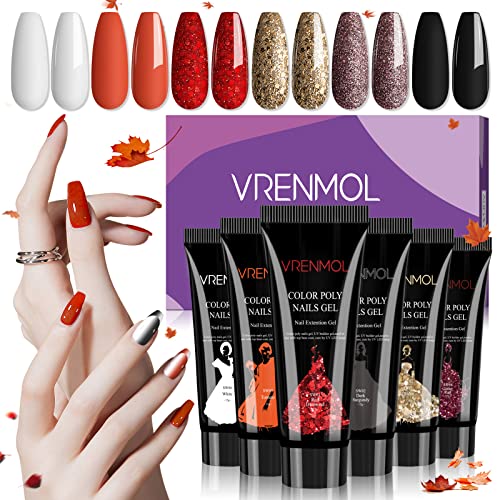 Vrenmol Poly Nails Gel Set - 6 Colors (Red, Gold, Glitter, Black, White) for Nail Extensions | DIY Manicure Starter Kit | Perfect for Summer Nails, Home Salon, Party & Special Occasions
