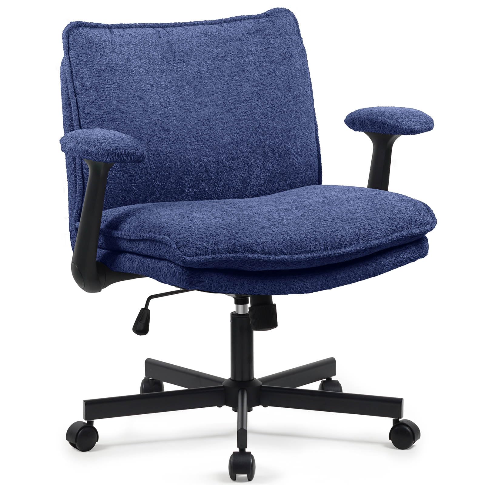 Ergonomic Cross Legged Office Chair with Wheels - Adjustable Flip-Up Armrests & Wide Seat - Navy Blue Upholstered Desk Chair for Home Office, Vanity, Apartment - Perfect for Meditation, Reading & Computer Work
