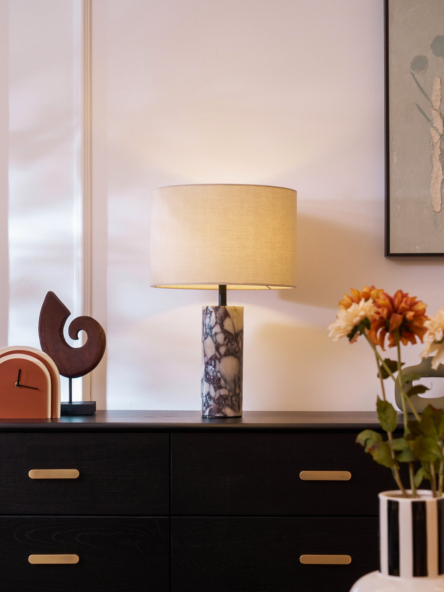 Ardena Marble Table Lamp - Modern Home Decor, Bedside & Living Room Lighting, Elegant White Marble Base with Fabric Shade for Bedroom, Office, or Study Desk