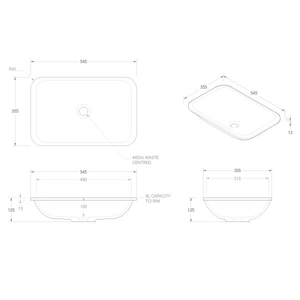ADP Glory 545 x 355mm Solid Surface Undermount Bathroom Sink - White | Modern Vanity Basin for Bathroom & Powder Room | Durable & Easy to Clean