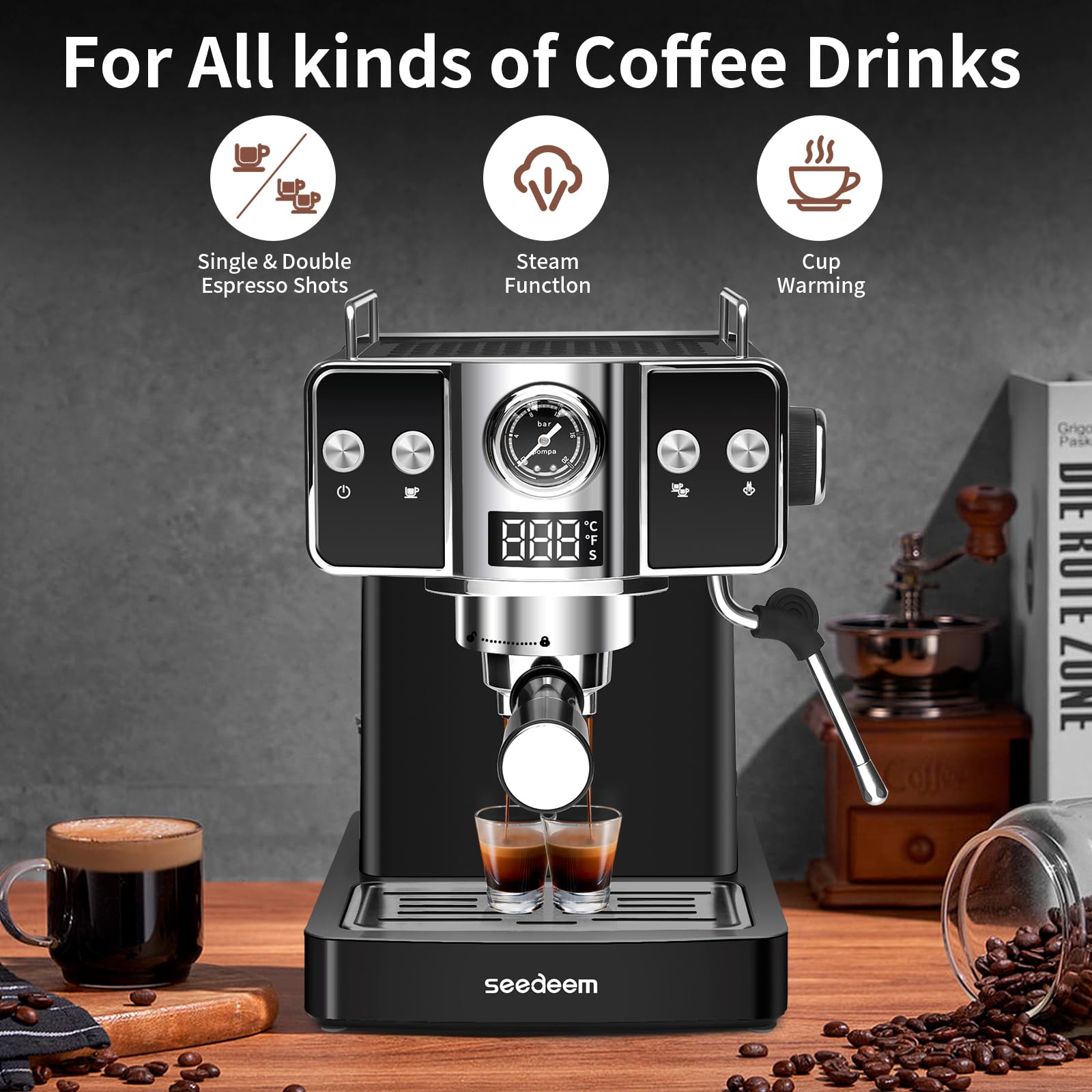 SEEDEEM 20 Bar Espresso Machine with Milk Frother - Stainless Steel Latte & Cappuccino Maker, 1.8L (60 Fl Oz) Removable Water Tank - Perfect for Home Baristas & Coffee Lovers