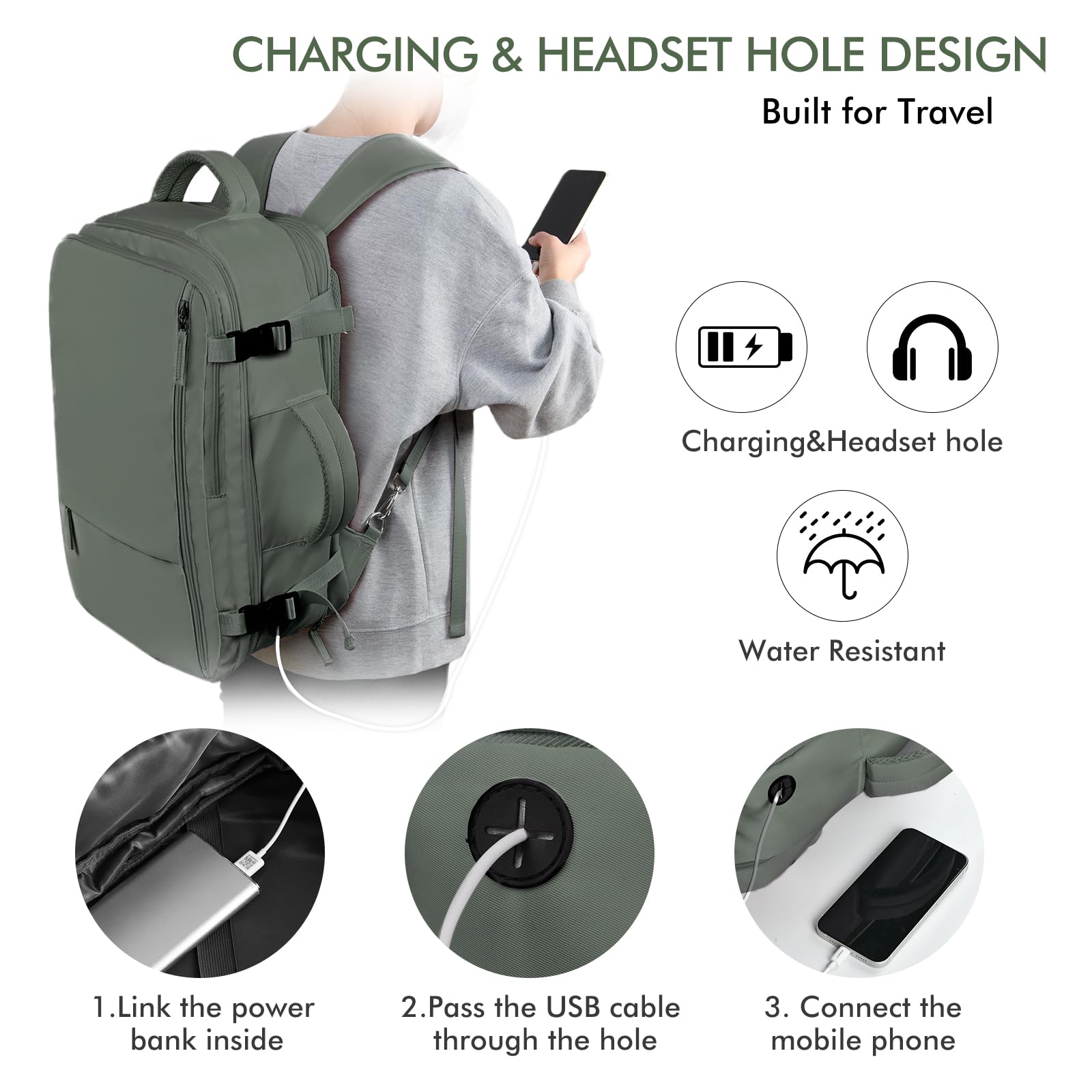 Beraliy 17.3 Inch Travel Backpack for Men & Women - Airline Approved Carry On Laptop Backpack with USB Charging Port - Lightweight Hiking & Overnight Backpack (Olive Green) - Perfect for Business Trips, College Students & Weekend Getaways