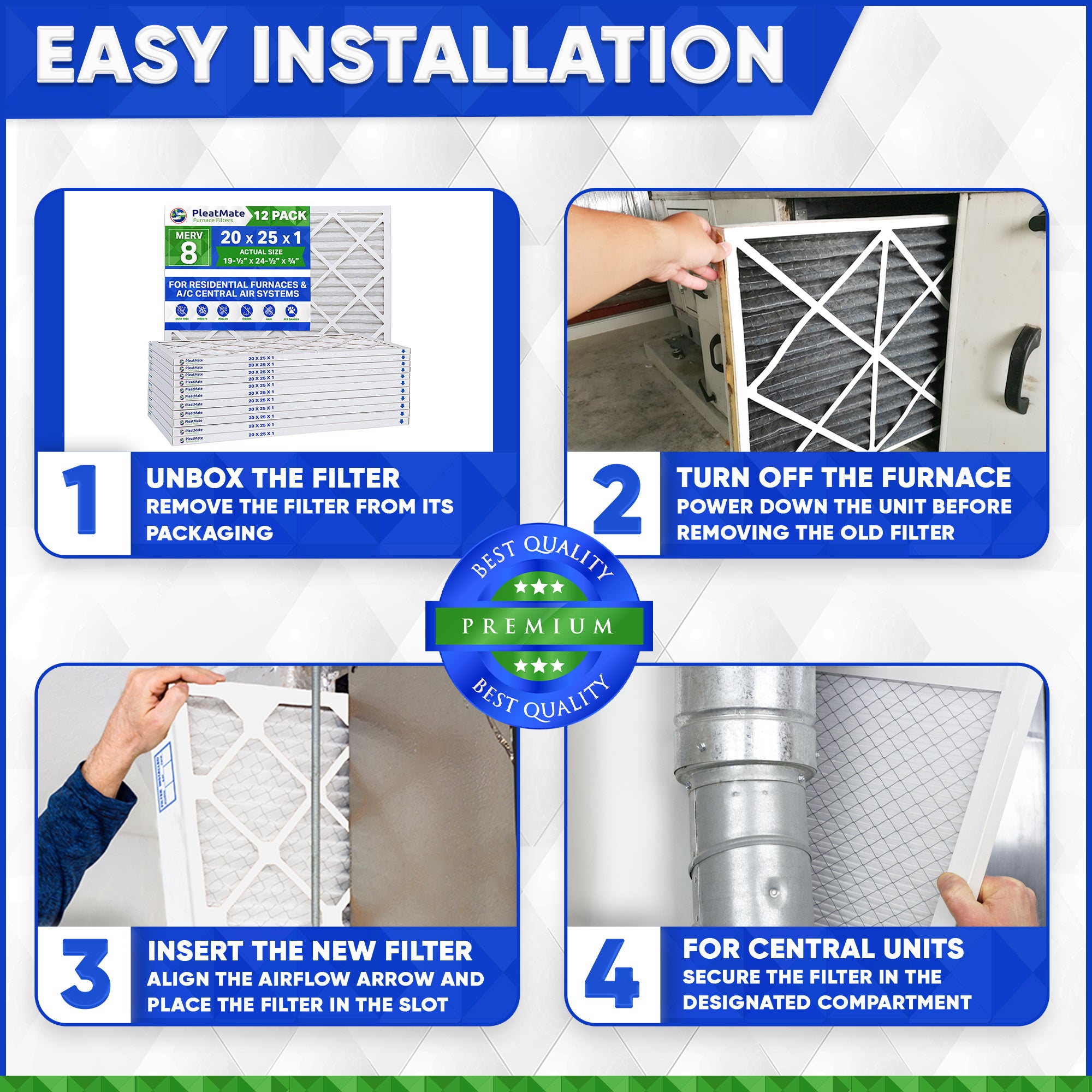 25x25x1 MERV 8 Pleated Air Filters - Case of 12 | High Efficiency Furnace Filters for Home HVAC Systems | Dust, Pollen & Allergen Reduction