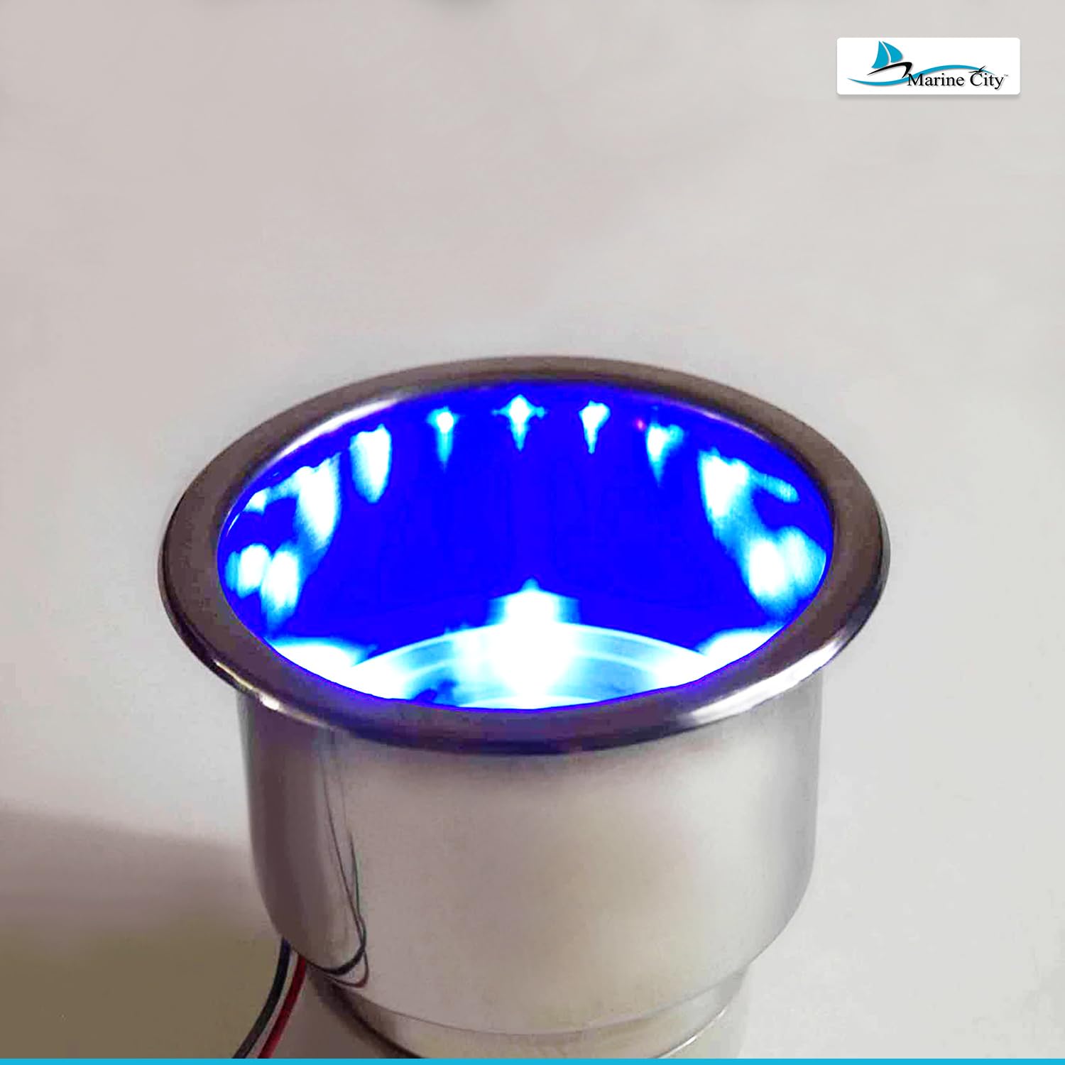 8 Blue LED Cup Holder with Drain – 304 Stainless Steel Marine Drink Holder, Corrosion-Resistant Boat Accessory for Yachts, Ships & Kayaks (10 Pack) – Perfect for Night Cruising & Party Lighting