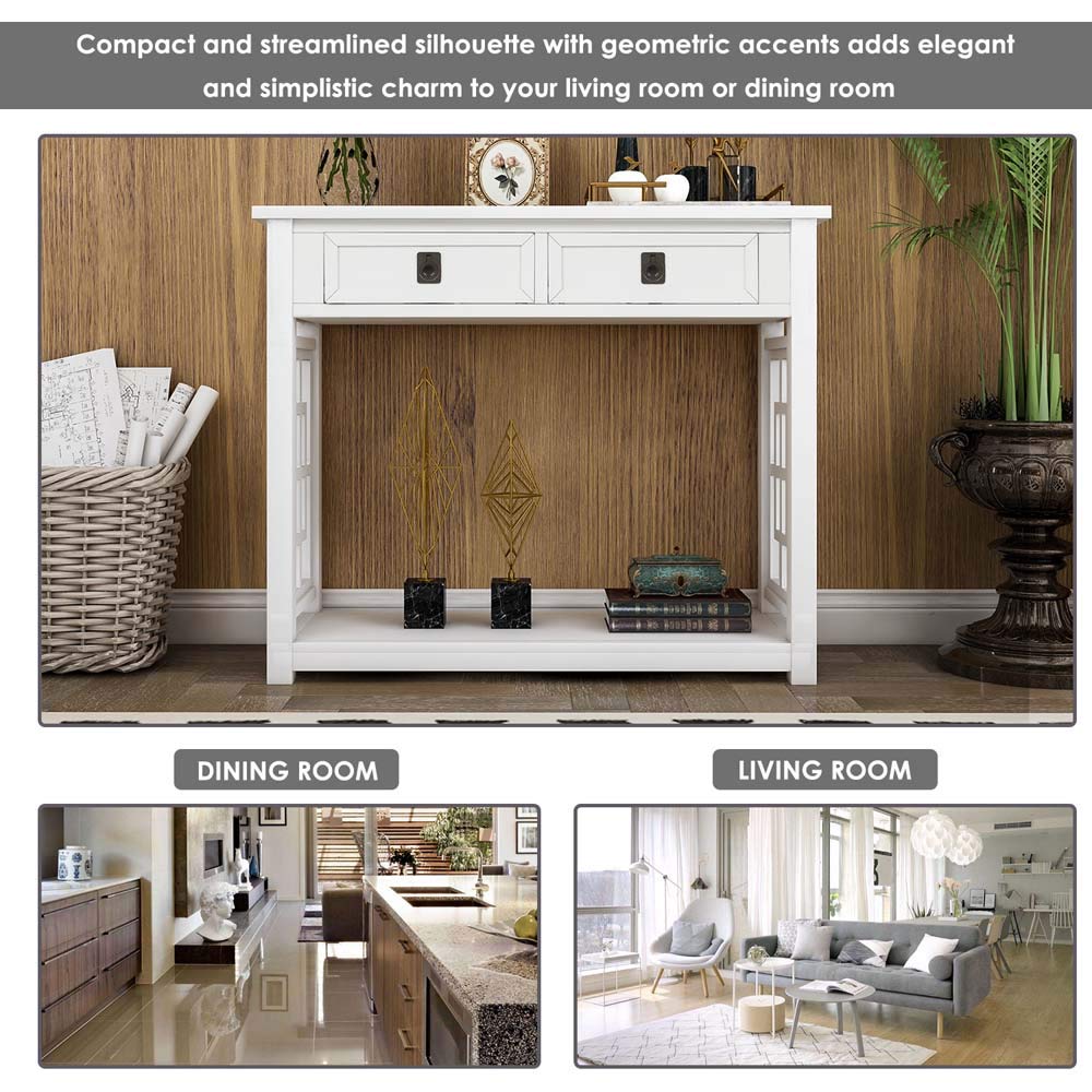 MYTUNES White Console Table with 2 Drawers & Bottom Shelf - Entryway Sofa Table for Living Room, Hallway, or Bedroom - Modern Accent Furniture for Home Decor