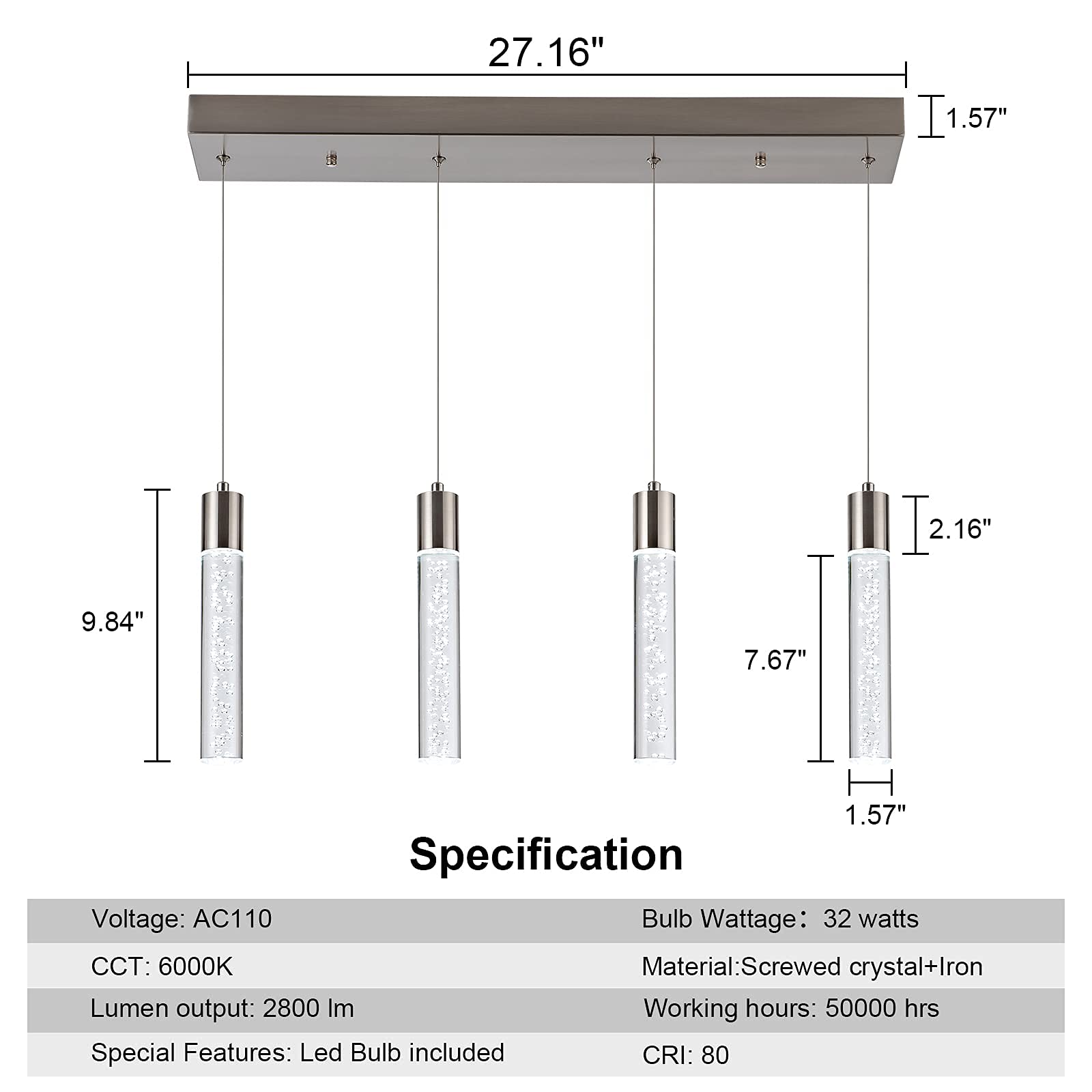 Modern 4-Light LED Pendant Lighting Fixture for Kitchen Island - 32W Crystal Bubble Chandelier with 6000K Daylight - Premium Hanging Ceiling Light for Dining Room, Bar Counter, and Home Decor