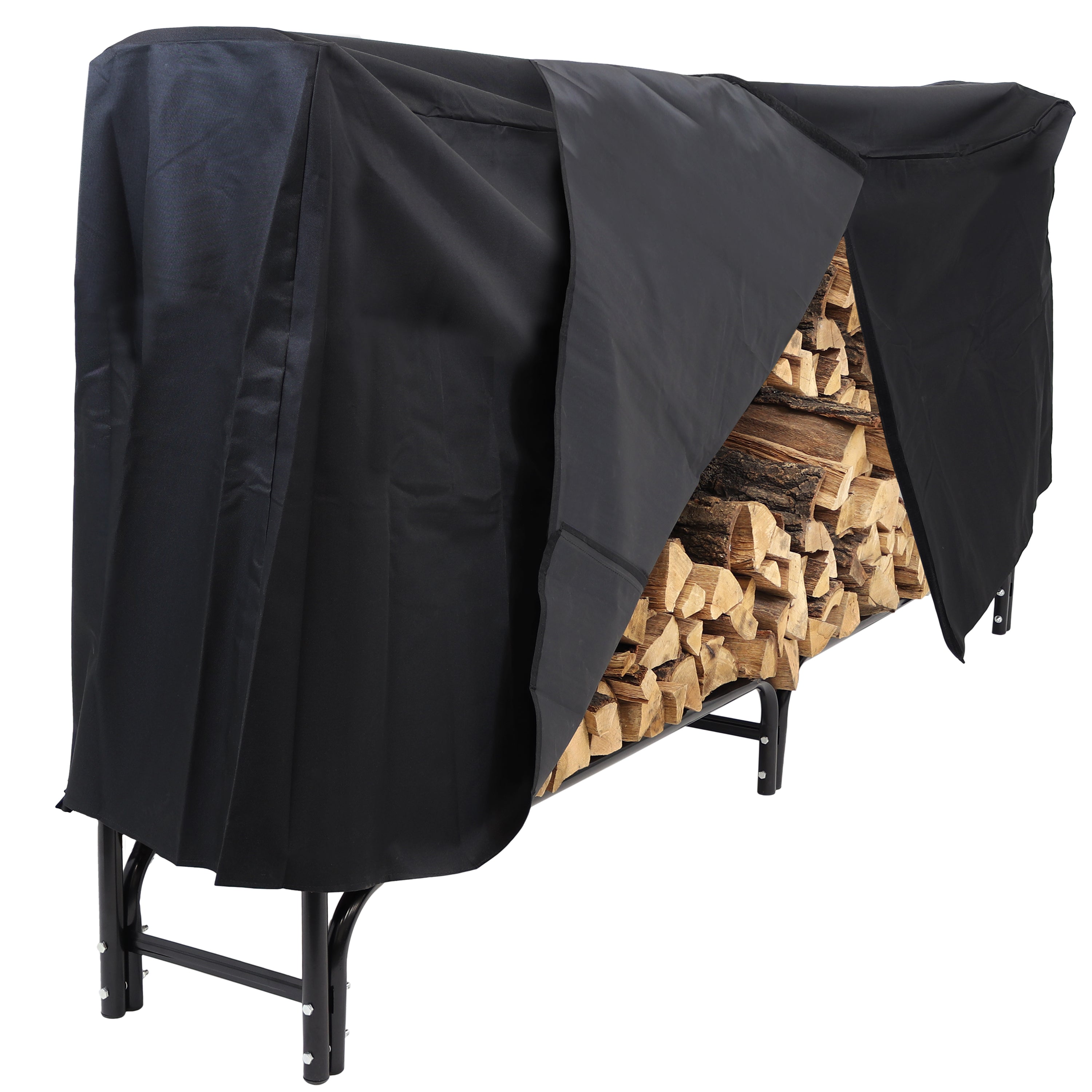 Sunnydaze Outdoor Firewood Log Rack with Cover Combo - Black | Heavy Duty Steel Firewood Holder for Patio, Deck & Backyard | Weatherproof Storage for Fireplace & Camping