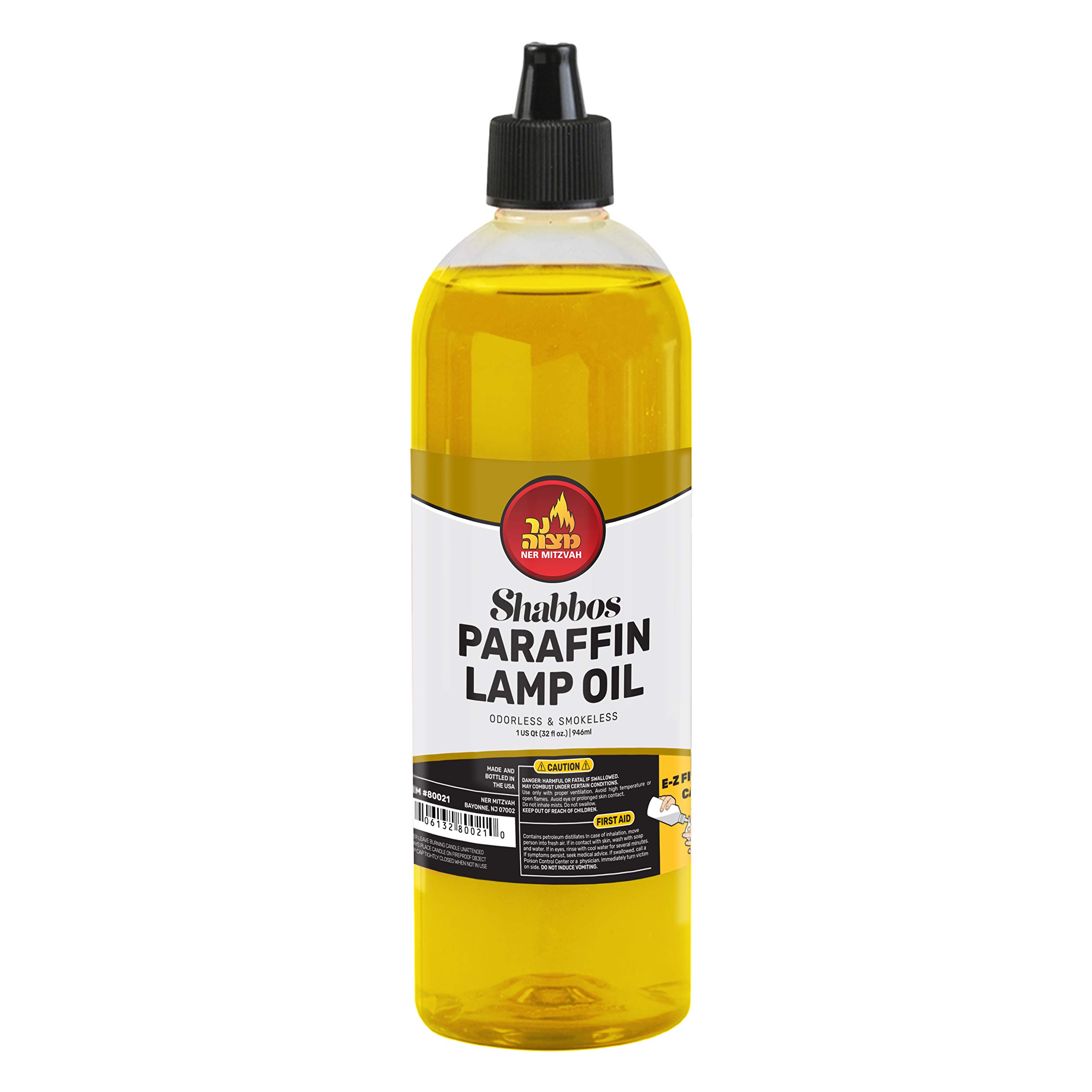 Premium Ner Mitzvah Paraffin Lamp Oil - 32oz Smokeless, Odorless Clean Burning Fuel for Indoor & Outdoor Use with Easy-Fill Cap & Spout - Perfect for Shabbat Candles, Emergency Lighting, Camping & Home Decor