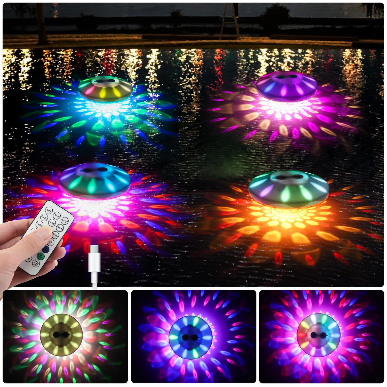 6 Dynamic Color Changing Floating Pool Lights - IP68 Waterproof, Rechargeable RGB LED Lights for Hot Tubs, Swimming Pools & Outdoor Patios (4 Pack) | Perfect for Nighttime Pool Parties, Backyard Decor & Relaxing Spa Evenings