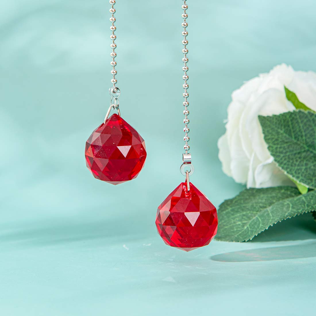 2-Pack 30mm Prism Ball Ceiling Fan Pull Chain with Decorative Light Bulb & Cord - Red | Replacement Pull Chain for Ceiling Fans | Perfect for Bedroom, Living Room & Home Decor