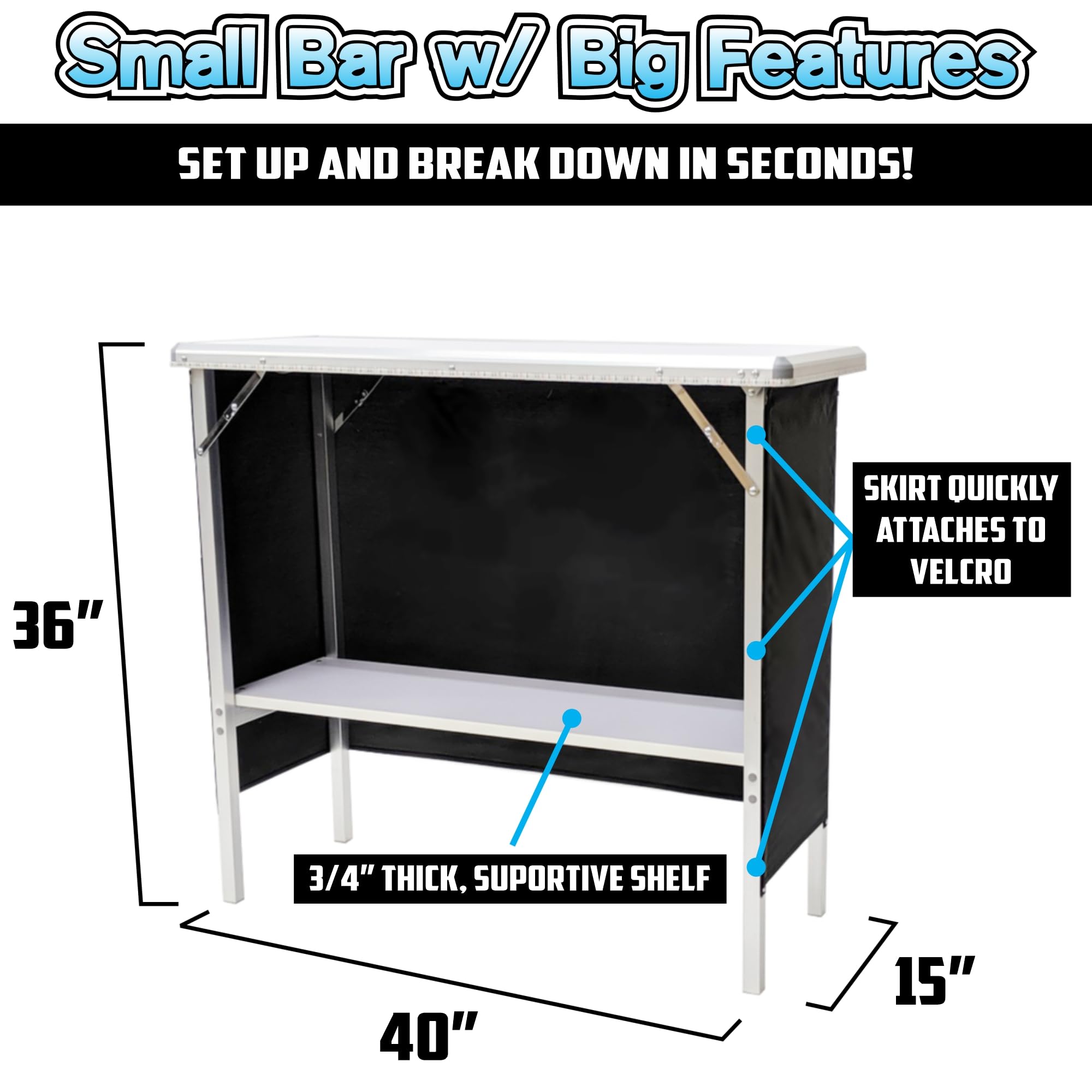 PARTYPONG Folding Portable Triple Bar with LED Lights - Wireless Remote Control, 2 Bar Skirts, Storage Shelf & Carrying Case - White | Perfect for Home Parties, Outdoor Events & Tailgating