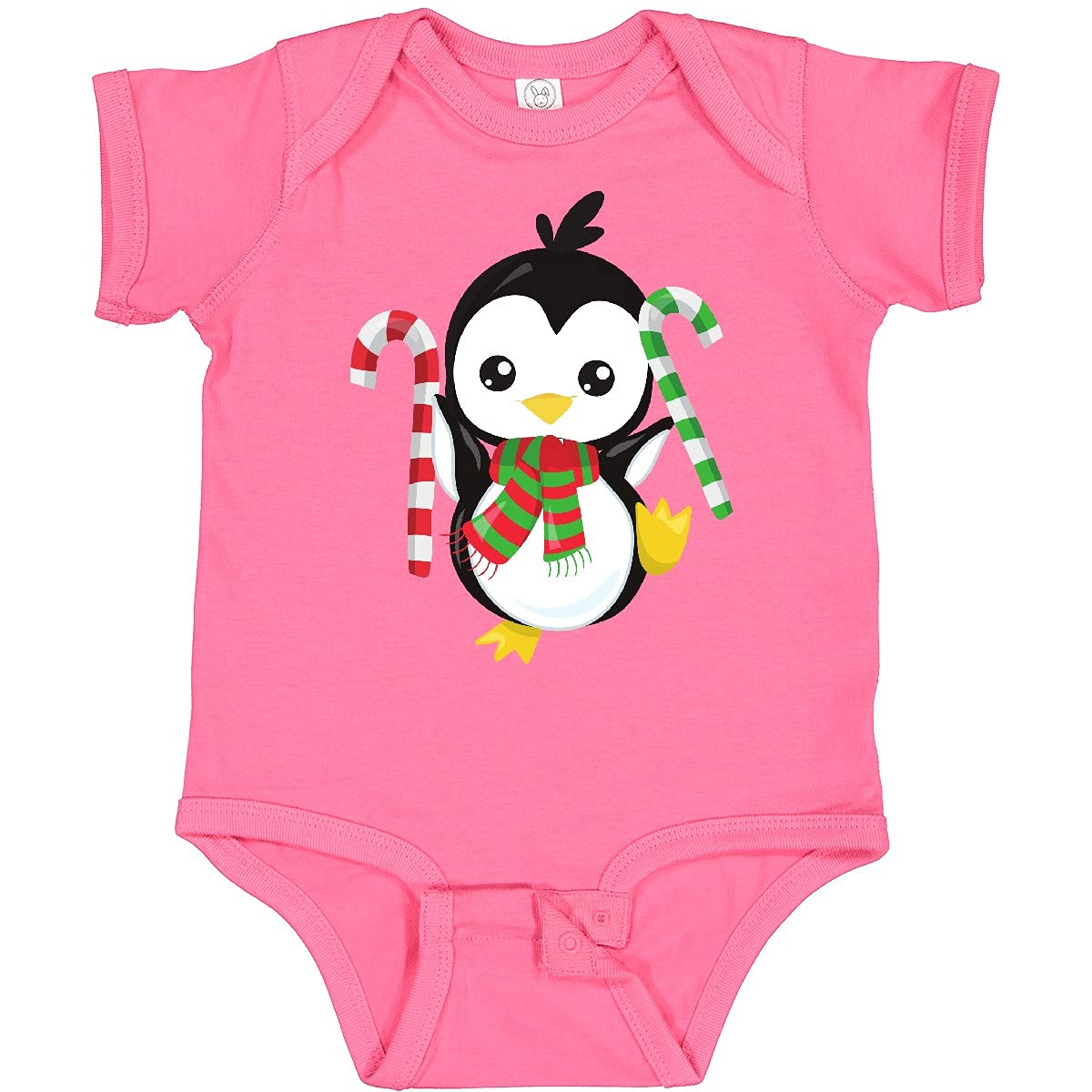 Inktastic Christmas Penguin Baby Bodysuit - Cute Penguin with Scarf & Candy Cane Design - Perfect for Holiday Photos, Family Gatherings & Festive Outfits