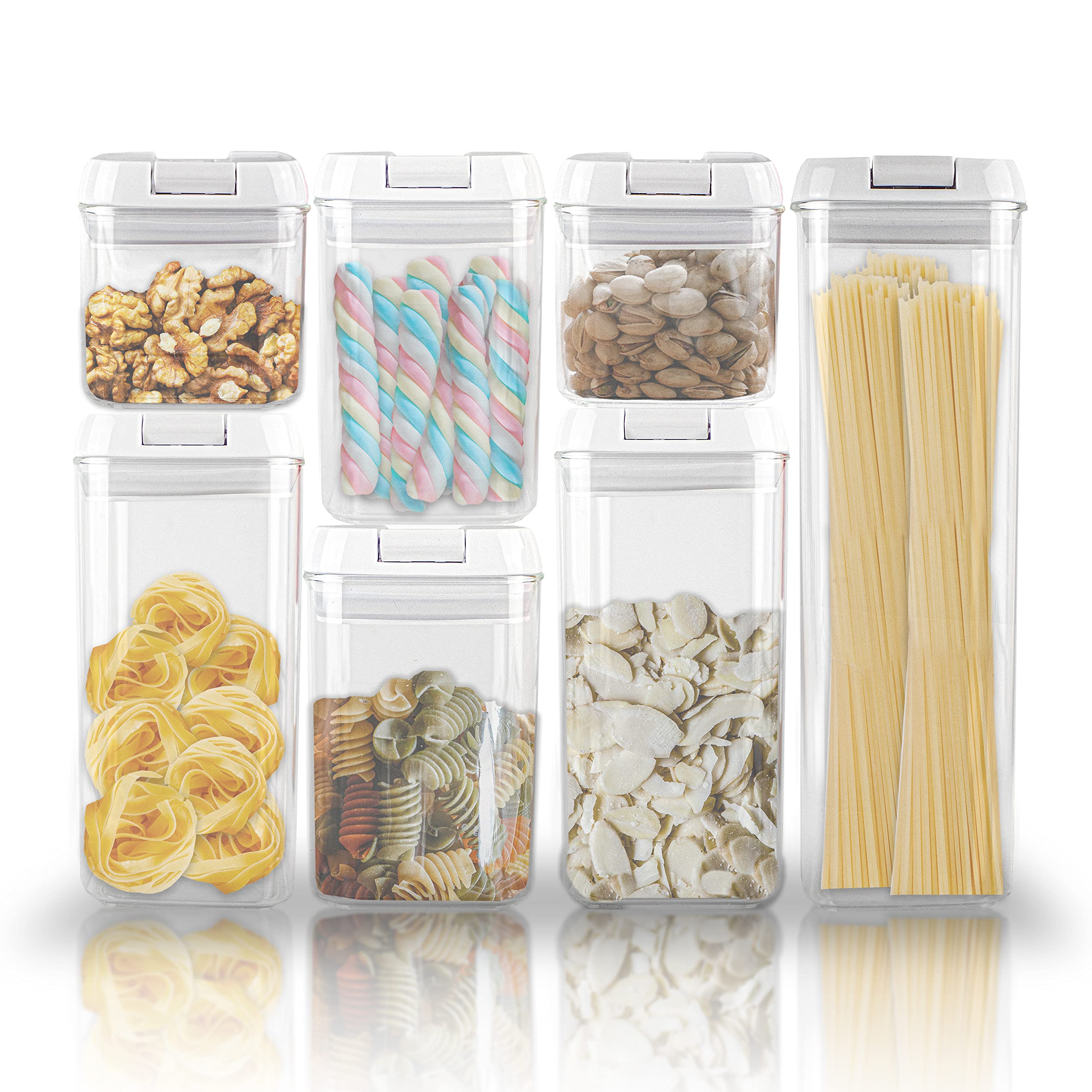 Lutema 7-Piece Airtight Clear Food Storage Container Set with White Easy-Lock Lids - BPA-Free Plastic Canisters for Kitchen Pantry Organization (Includes Labels) - Perfect for Dry Food, Flour, Sugar, Coffee & Meal Prep Storage