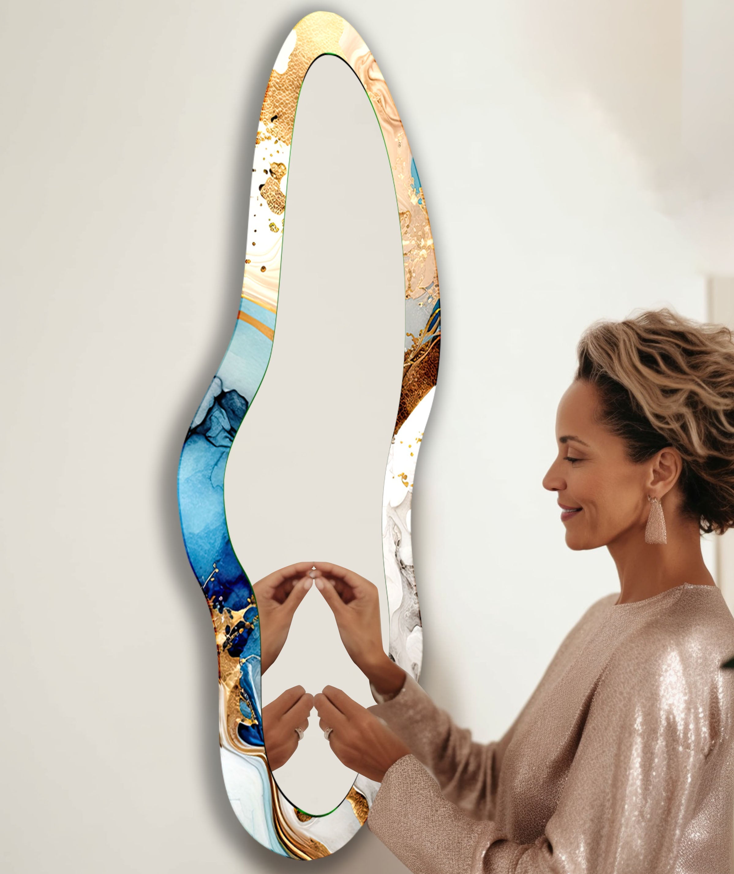 Blue Decorative Irregular Long Wall Mirror - Modern Unique Home Decor for Living Room, Bedroom & Entryway