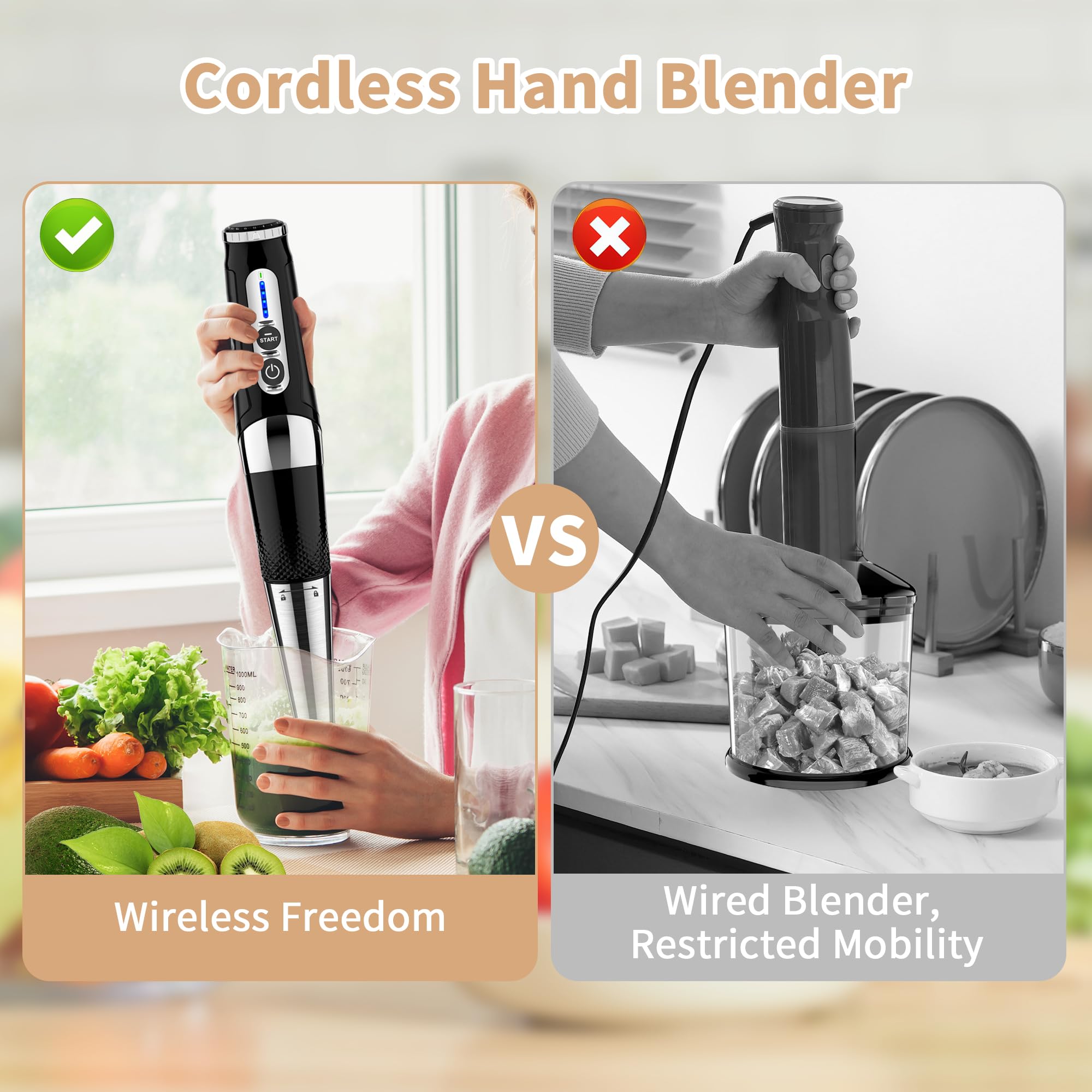 4-in-1 Cordless Immersion Blender - Rechargeable Hand Blender with 21 Speeds & Adjustable Angle, Includes 700ml Chopper, Beaker, Egg Whisk & Beater for Smoothies, Soup, Baby Food - Perfect for Kitchen, Home Cooking & Meal Prep (Black)